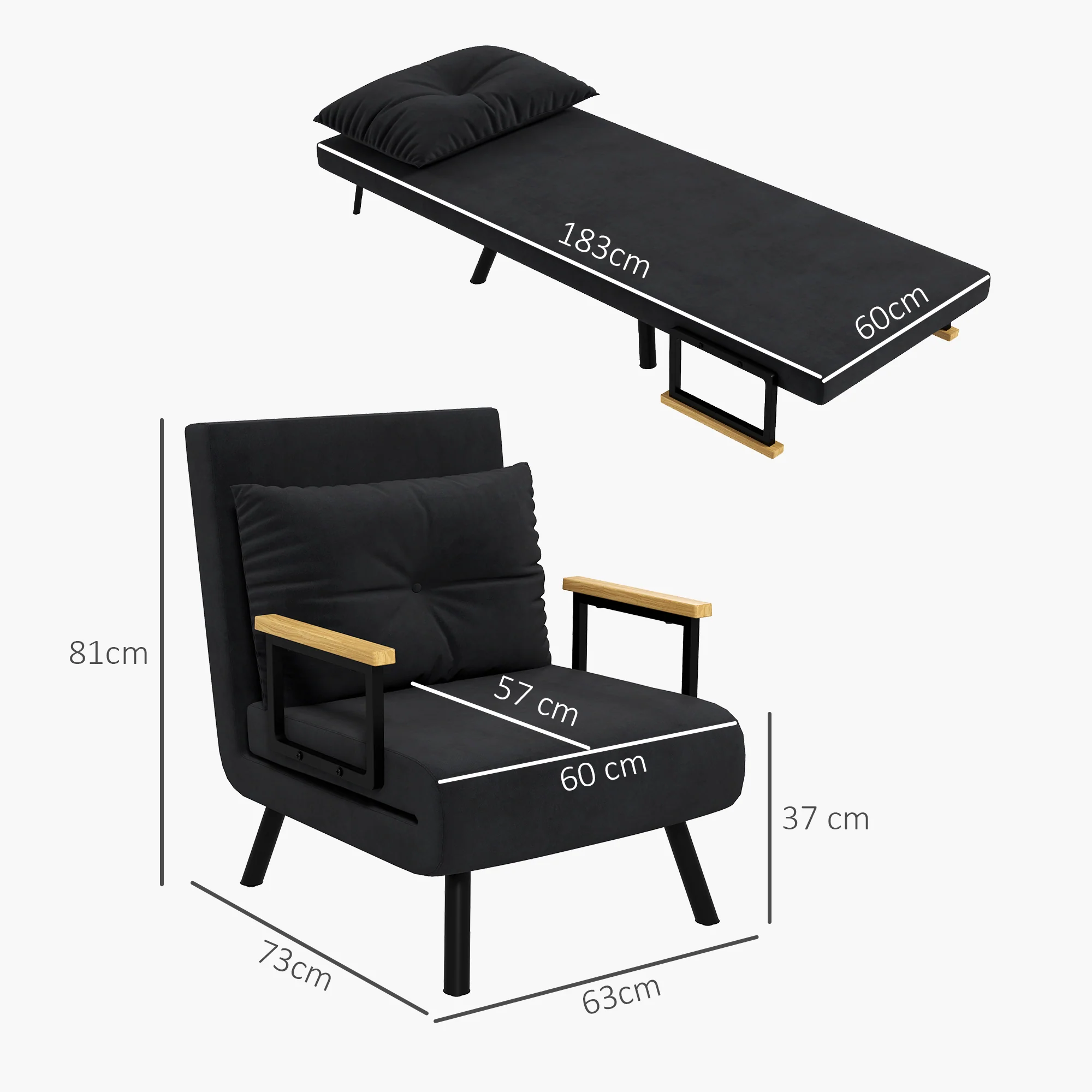 Fauteuil convertible 1 place chauffeuse 4 en 1 canapé convertible fauteuil lit avec dossier réglable en 5 positions, coussin inclus, canapé-lit 1 place pour invités, salon, charge 120 kg, noir - Image 4