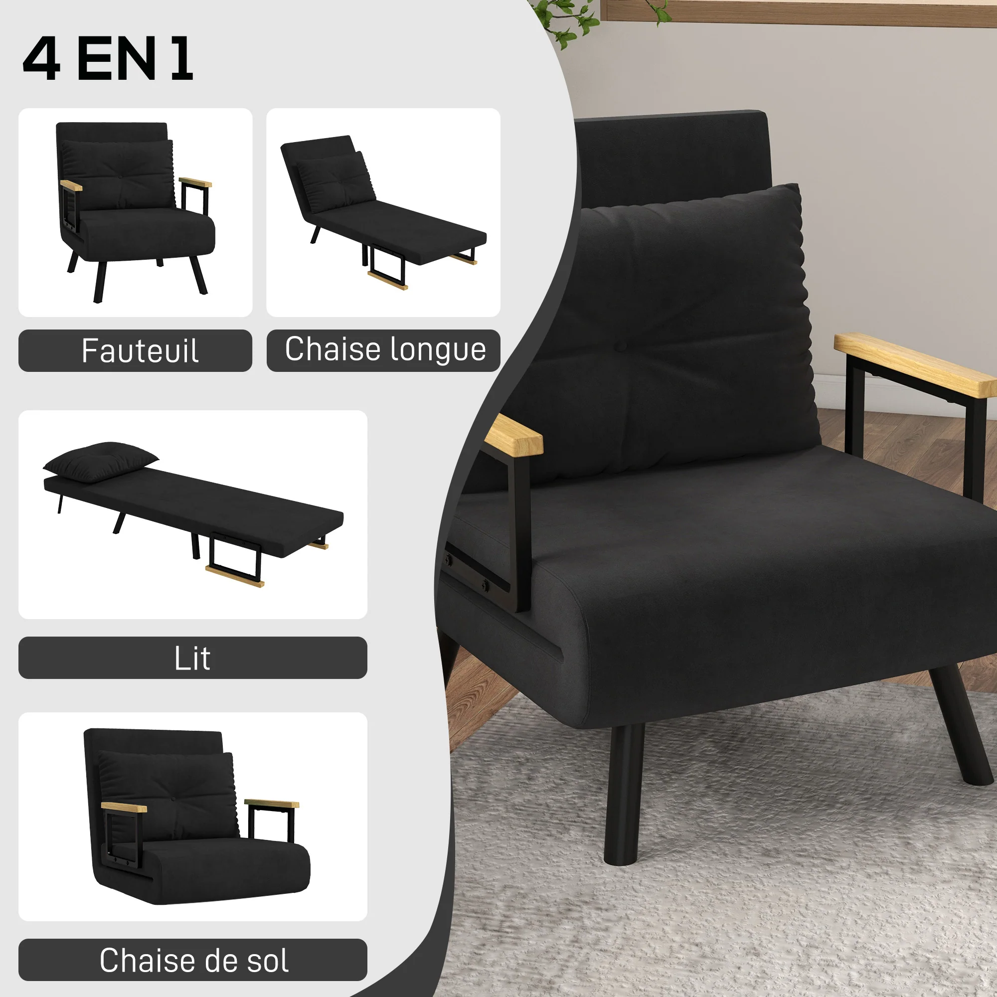 Fauteuil convertible 1 place chauffeuse 4 en 1 canapé convertible fauteuil lit avec dossier réglable en 5 positions, coussin inclus, canapé-lit 1 place pour invités, salon, charge 120 kg, noir - Image 5