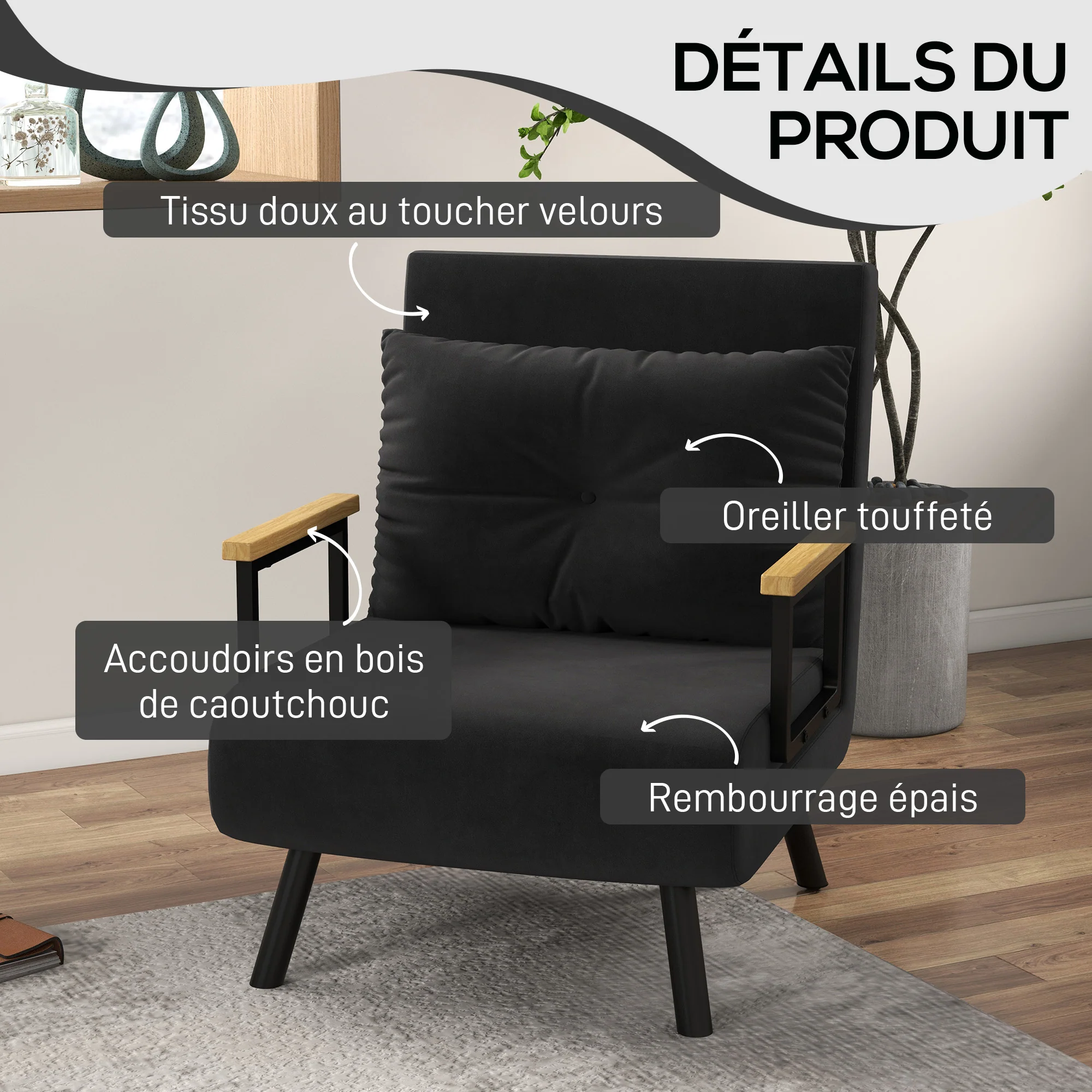 Fauteuil convertible 1 place chauffeuse 4 en 1 canapé convertible fauteuil lit avec dossier réglable en 5 positions, coussin inclus, canapé-lit 1 place pour invités, salon, charge 120 kg, noir - Image 7