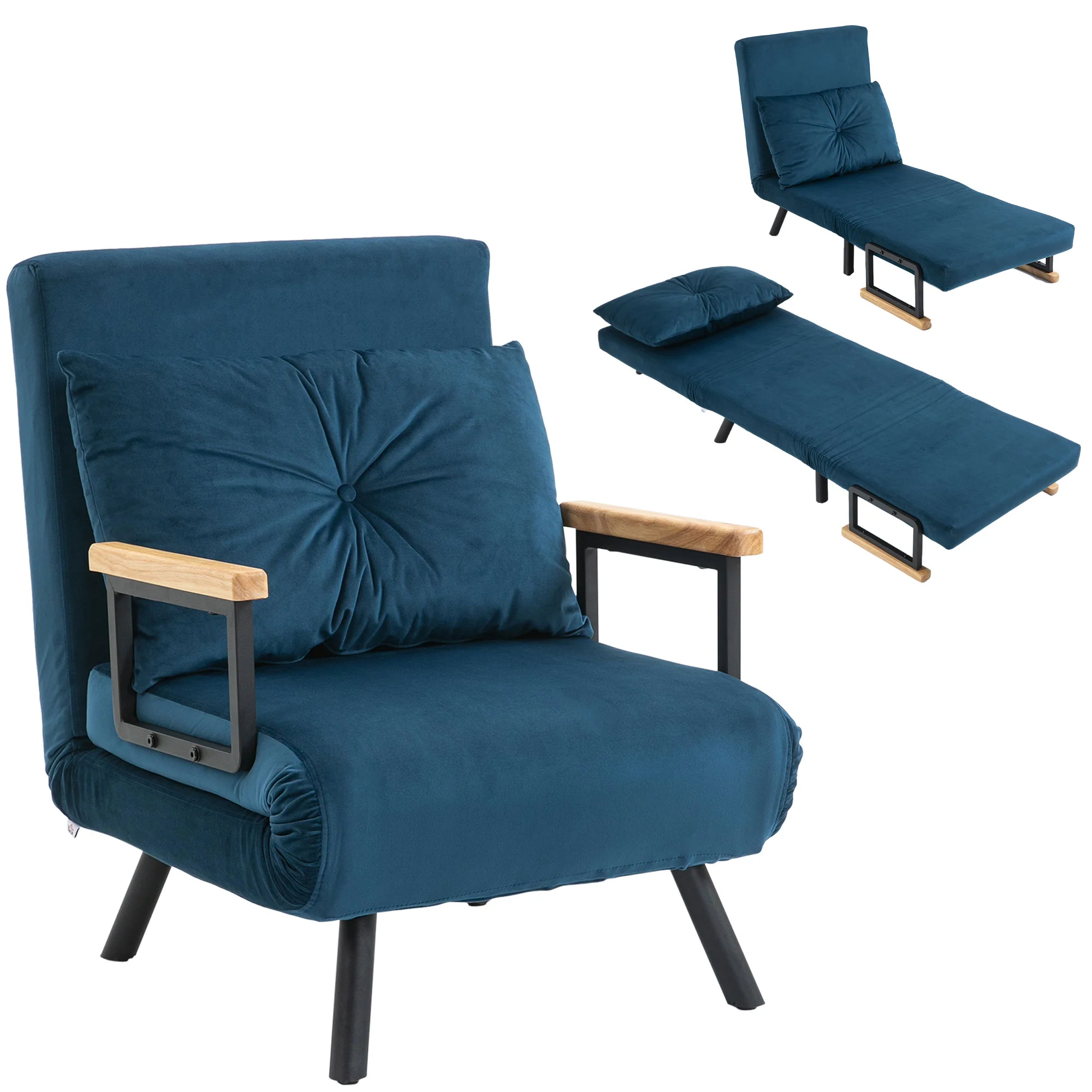 Fauteuil convertible 1 place chauffeuse 4 en 1 canapé convertible fauteuil lit avec dossier réglable en 5 positions, coussin inclus, canapé-lit 1 place pour invités, salon, charge 120 kg bleu - Image 11