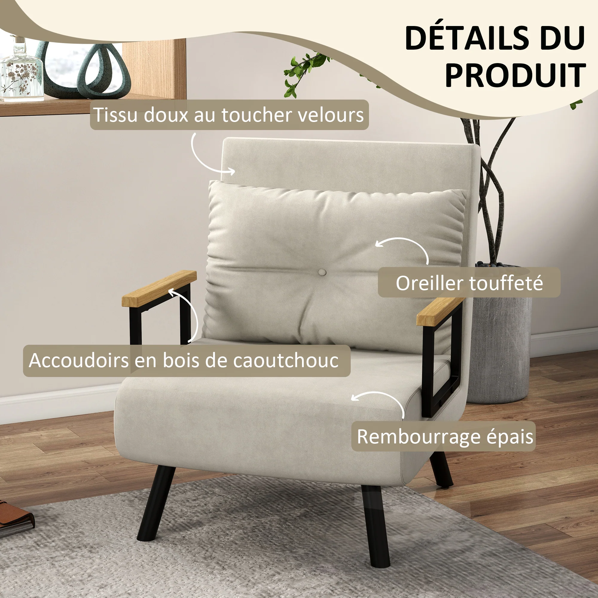 Fauteuil convertible 1 place chauffeuse 4 en 1 canapé convertible fauteuil lit avec dossier réglable en 5 positions, coussin inclus, canapé-lit 1 place pour invités, salon, charge 120 kg crème - Image 7