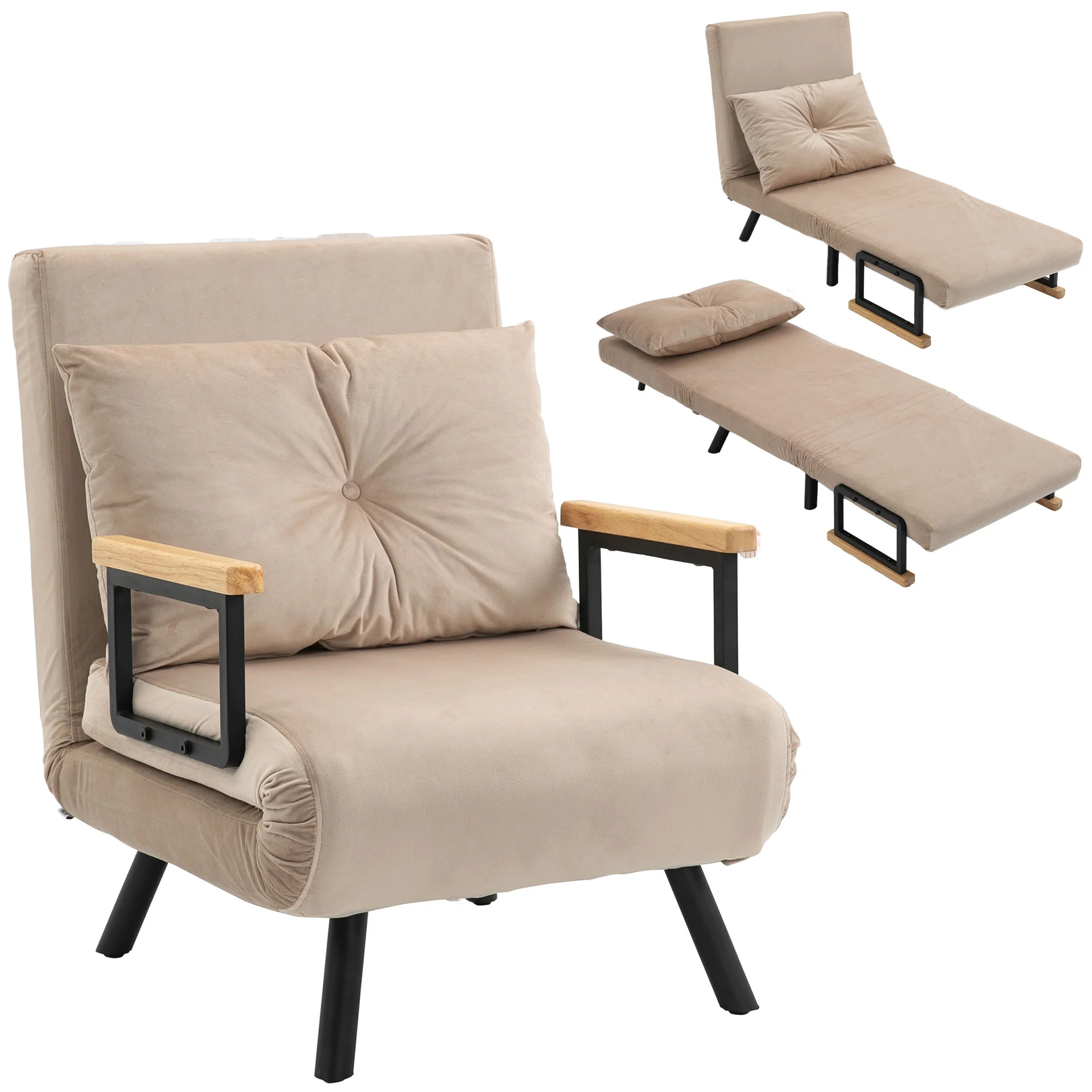 Fauteuil convertible 1 place chauffeuse 4 en 1 canapé convertible fauteuil lit avec dossier réglable en 5 positions, coussin inclus, canapé-lit 1 place pour invités, salon, charge 120 kg beige - Image 11