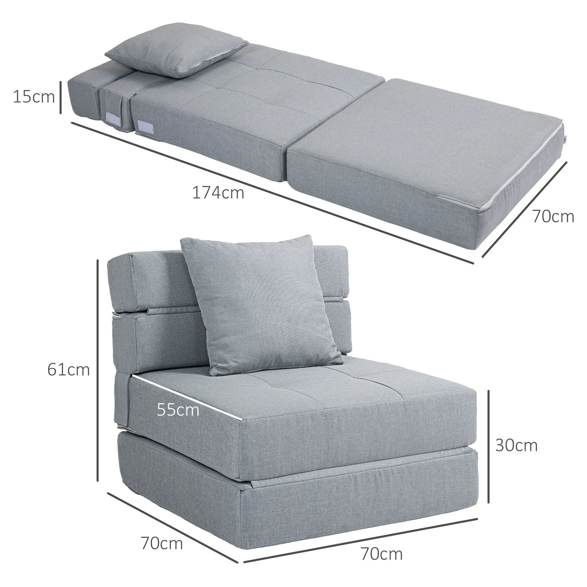 Fauteuil convertible 1 place fauteuil lit chauffeuse 1 place - coussin déhoussable inclus - chaise de sol pour invités, salon, charge 120 kg, gris clair - Image 4