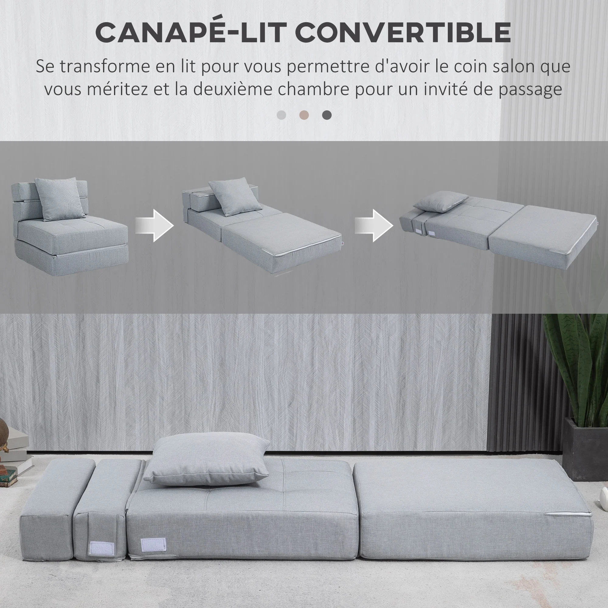 Fauteuil convertible 1 place fauteuil lit chauffeuse 1 place - coussin déhoussable inclus - chaise de sol pour invités, salon, charge 120 kg, gris clair - Image 5