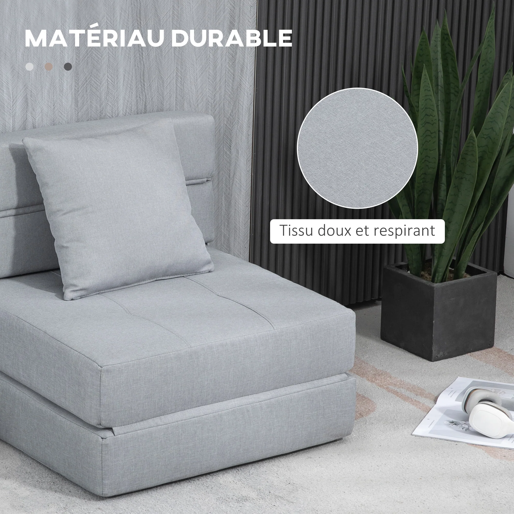 Fauteuil convertible 1 place fauteuil lit chauffeuse 1 place - coussin déhoussable inclus - chaise de sol pour invités, salon, charge 120 kg, gris clair - Image 6