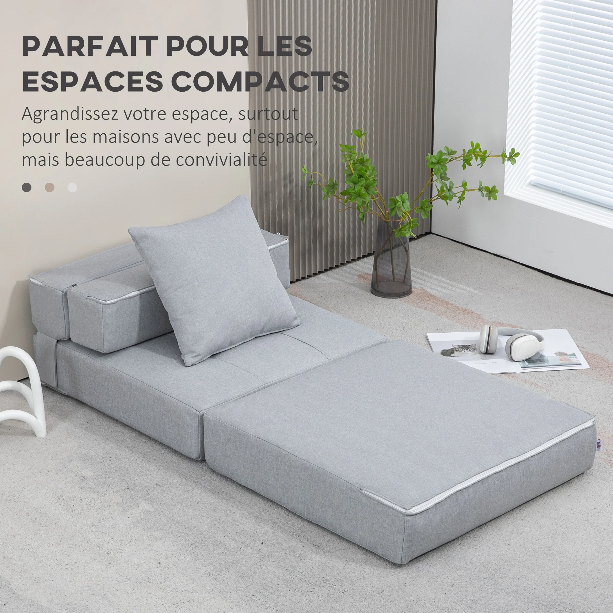 Fauteuil convertible 1 place fauteuil lit chauffeuse 1 place - coussin déhoussable inclus - chaise de sol pour invités, salon, charge 120 kg, gris clair - Image 7