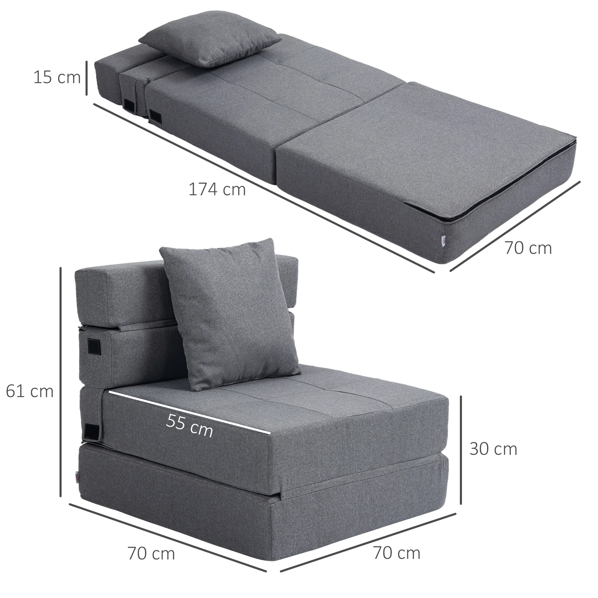 Fauteuil convertible 1 place fauteuil lit chauffeuse 1 place - coussin déhoussable inclus - chaise de sol pour invités, salon, charge 120 kg, gris foncé - Image 4
