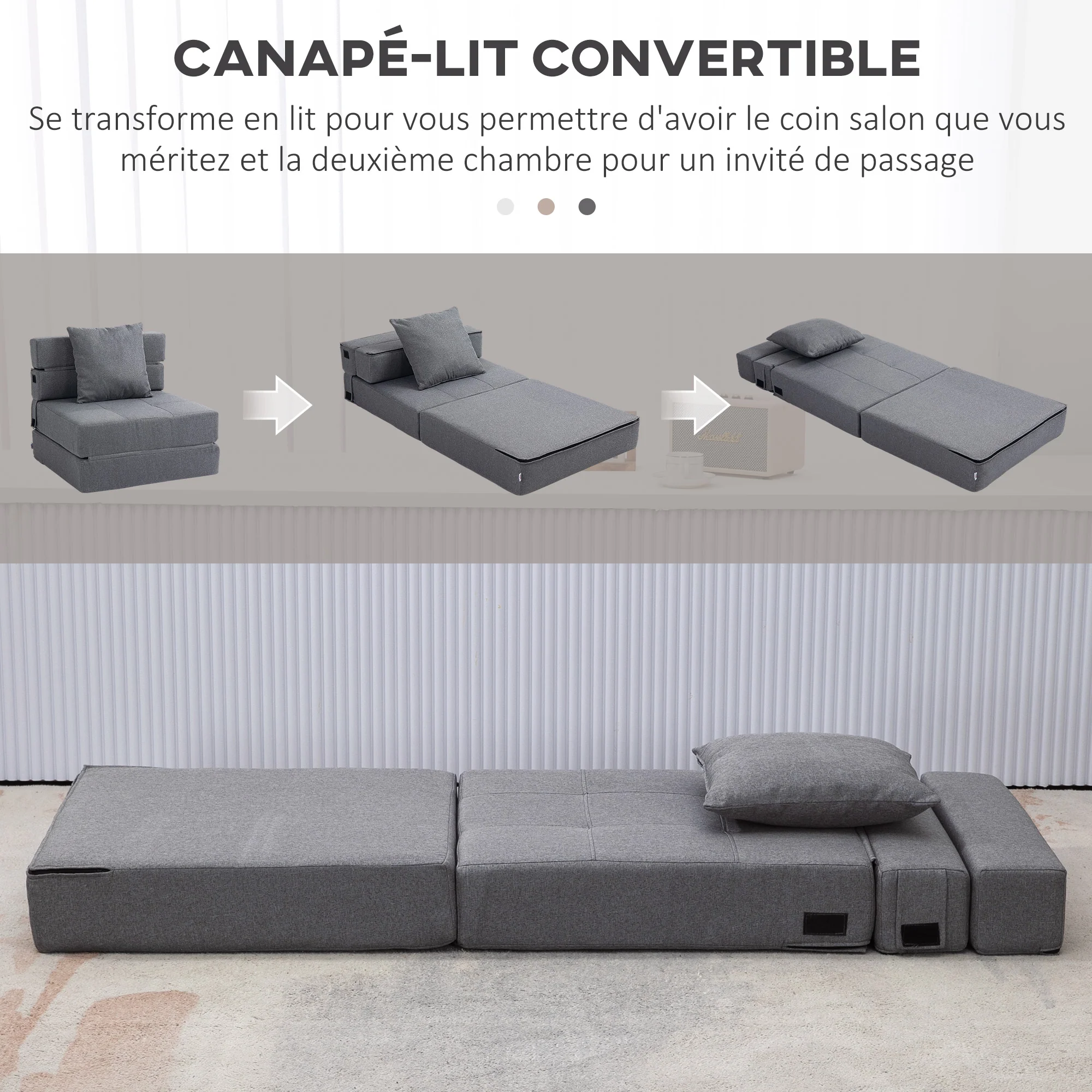 Fauteuil convertible 1 place fauteuil lit chauffeuse 1 place - coussin déhoussable inclus - chaise de sol pour invités, salon, charge 120 kg, gris foncé - Image 5