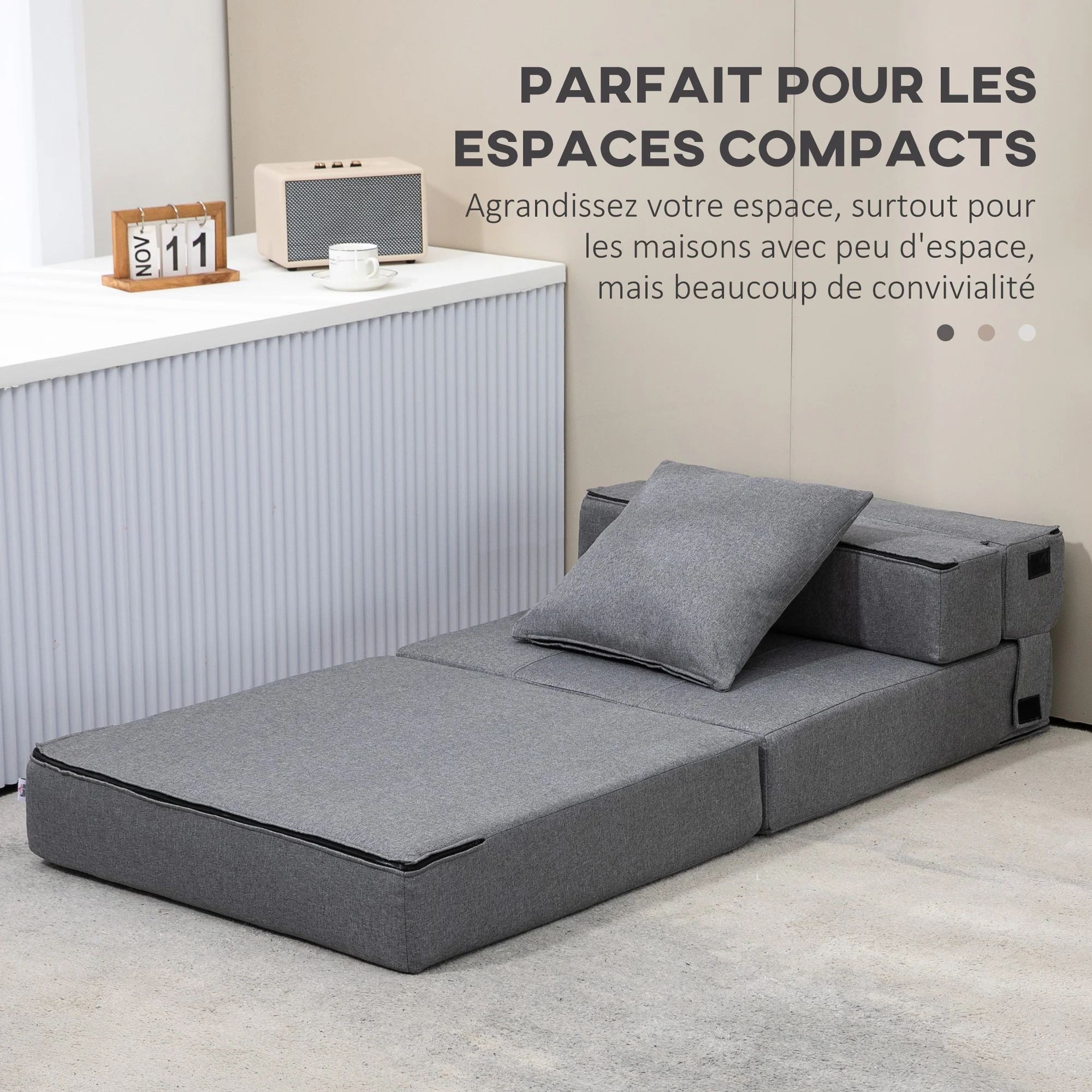 Fauteuil convertible 1 place fauteuil lit chauffeuse 1 place - coussin déhoussable inclus - chaise de sol pour invités, salon, charge 120 kg, gris foncé - Image 7