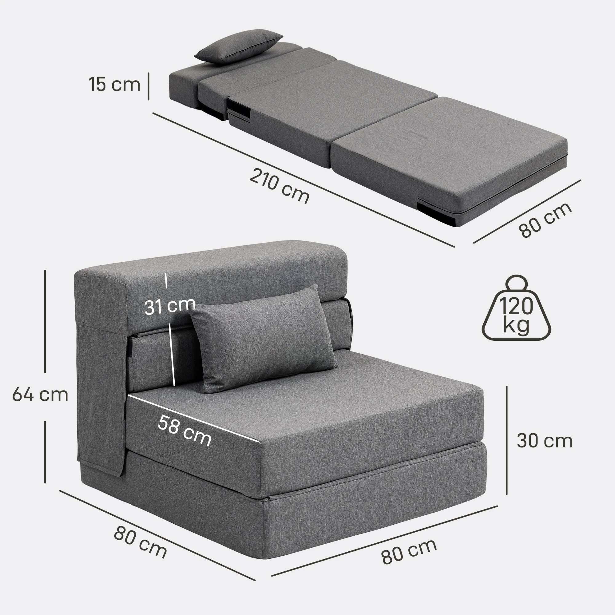 Fauteuil convertible 1 place fauteuil lit pliant chauffeuse 1 place 3 en 1 avec assise rembourré, coussin inclus, matelas pliable portable pour invités, salon, petit espace, charge 120 kg, gris - Image 4