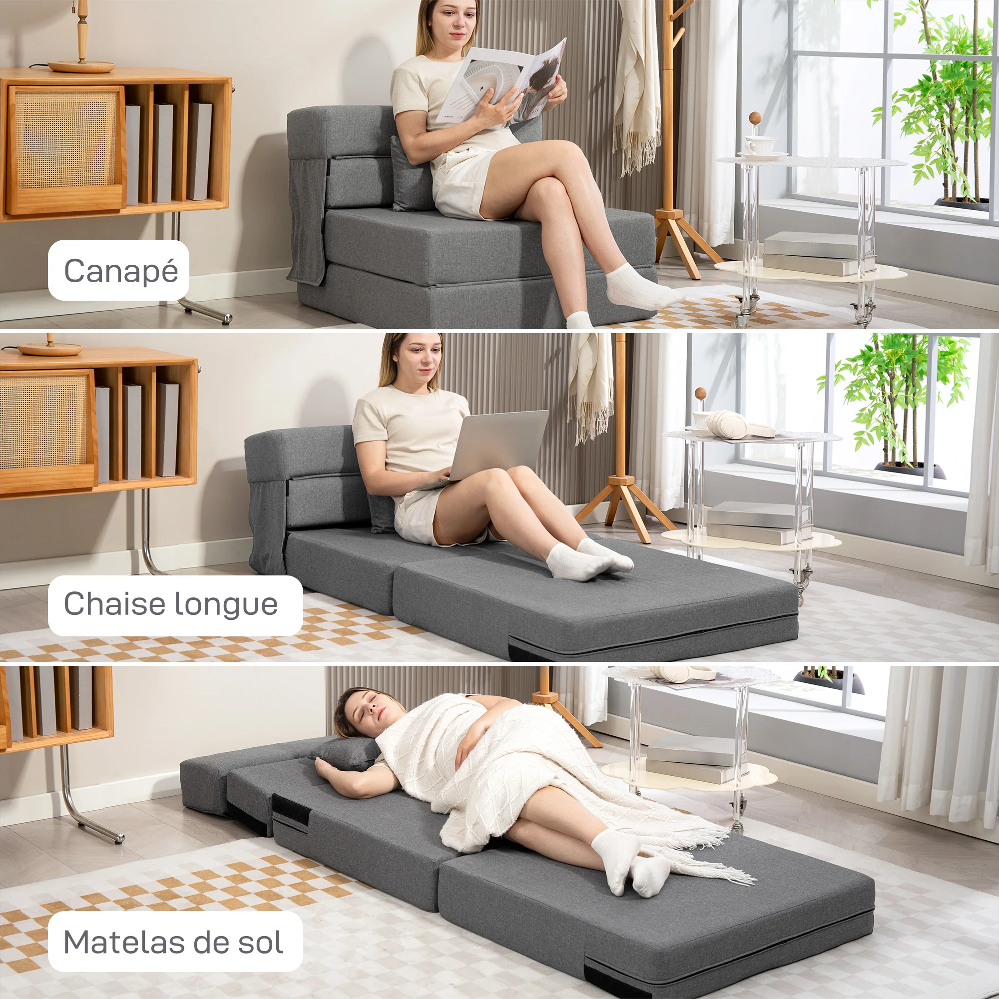 Fauteuil convertible 1 place fauteuil lit pliant chauffeuse 1 place 3 en 1 avec assise rembourré, coussin inclus, matelas pliable portable pour invités, salon, petit espace, charge 120 kg, gris - Image 5