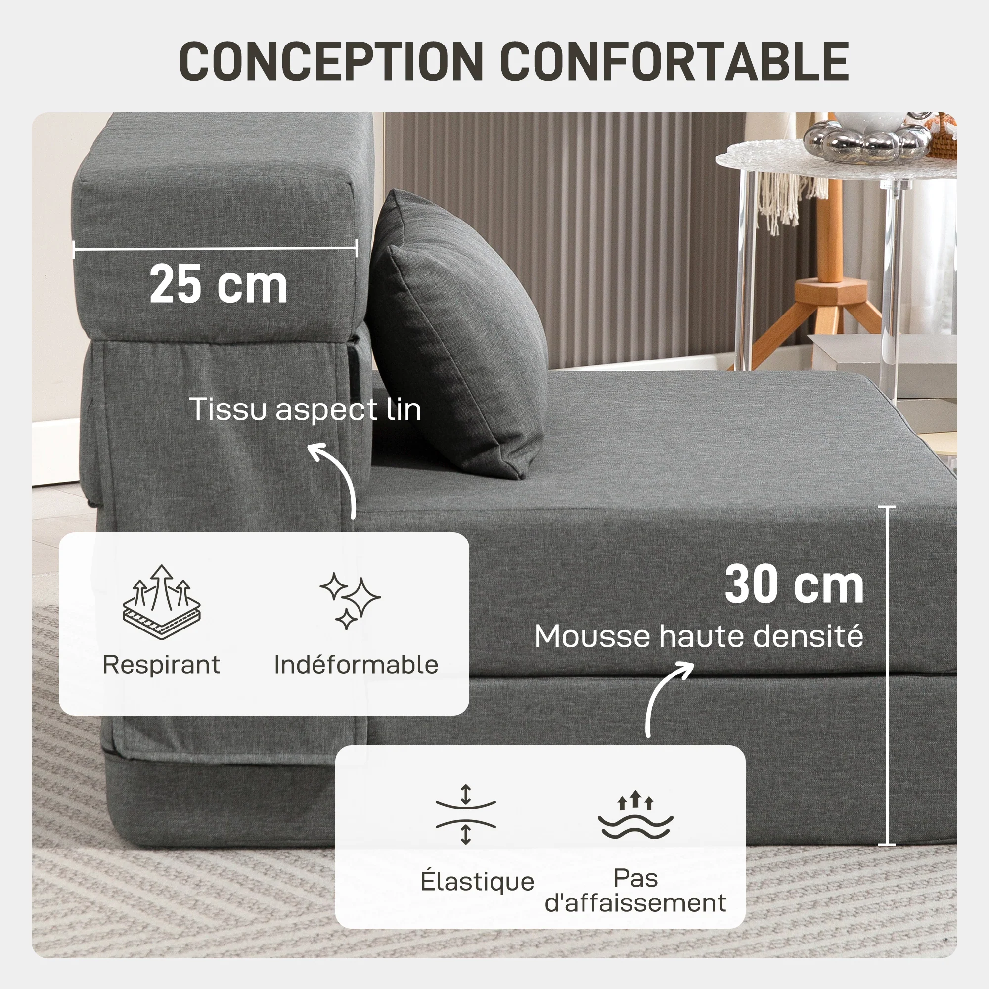 Fauteuil convertible 1 place fauteuil lit pliant chauffeuse 1 place 3 en 1 avec assise rembourré, coussin inclus, matelas pliable portable pour invités, salon, petit espace, charge 120 kg, gris - Image 6