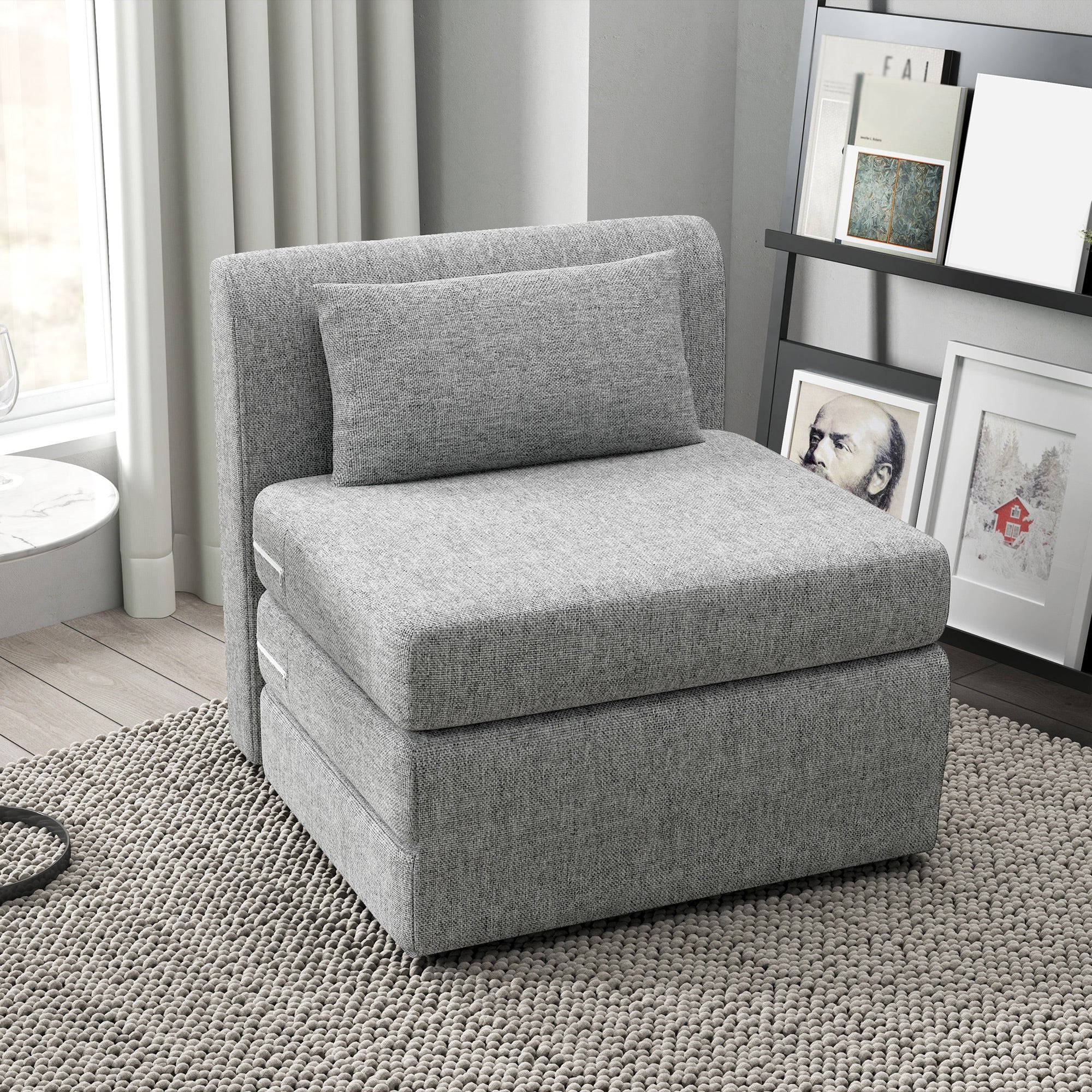 Fauteuil convertible 1 place fauteuil paresseux chauffeuse 1 place - coussin inclus, matelas tri-dépliant - pour invités, salon, charge 240 kg, tissu lin gris - Image 3