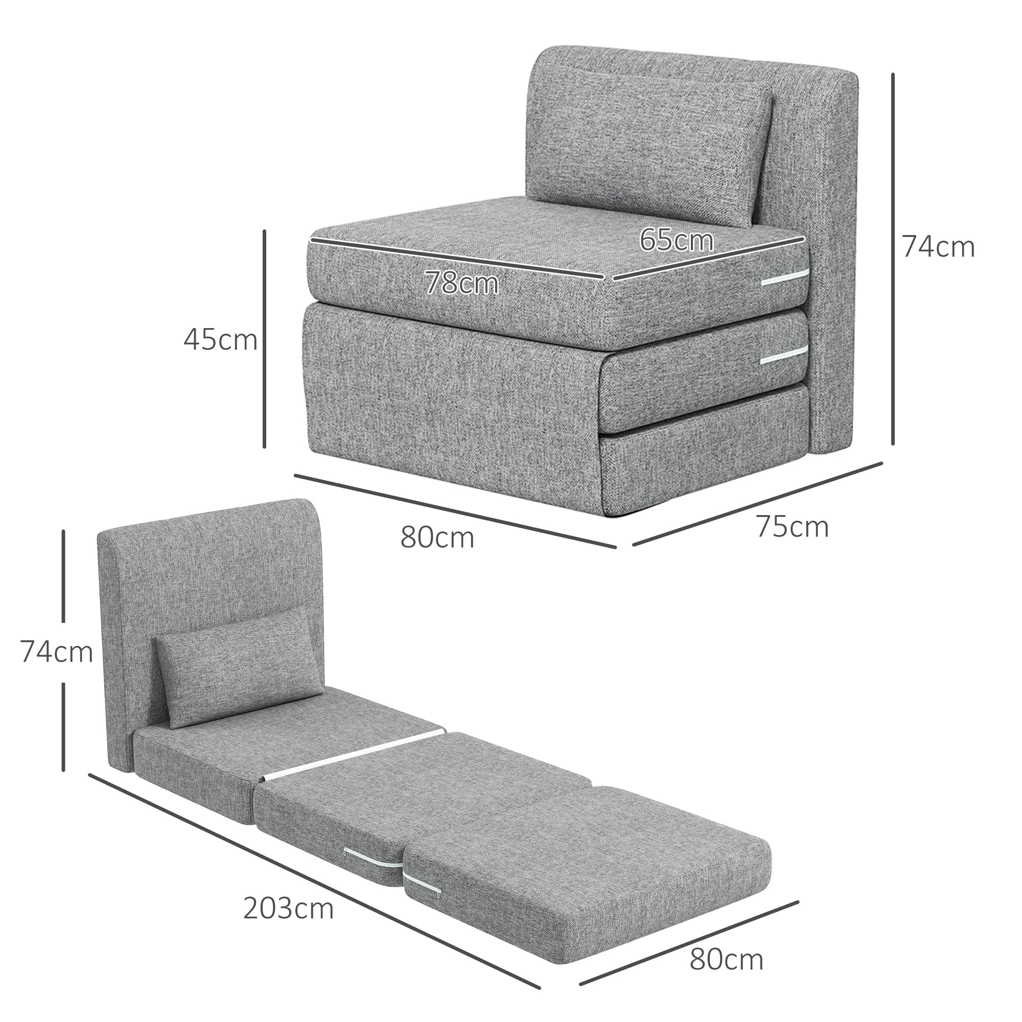 Fauteuil convertible 1 place fauteuil paresseux chauffeuse 1 place - coussin inclus, matelas tri-dépliant - pour invités, salon, charge 240 kg, tissu lin gris - Image 4