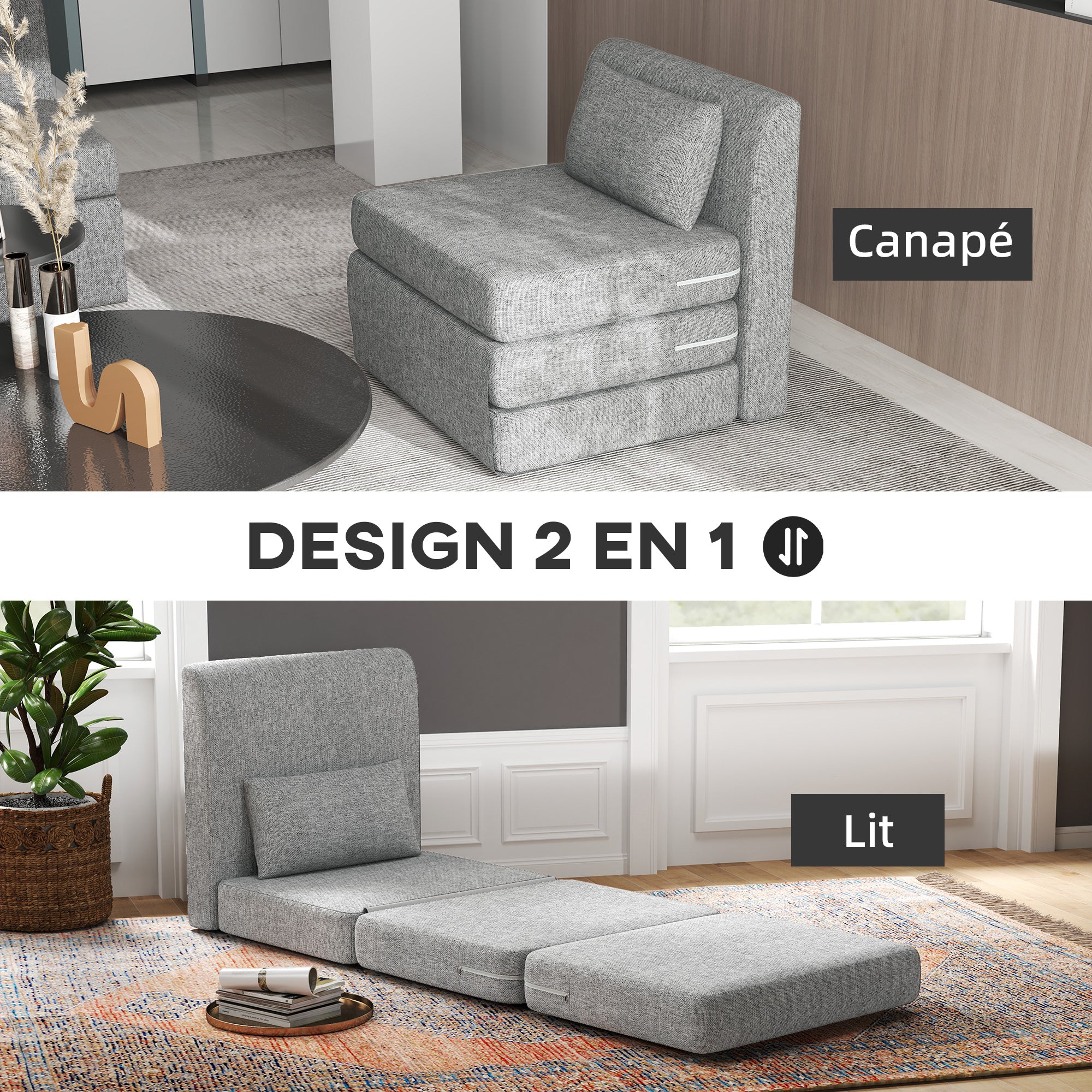 Fauteuil convertible 1 place fauteuil paresseux chauffeuse 1 place - coussin inclus, matelas tri-dépliant - pour invités, salon, charge 240 kg, tissu lin gris - Image 5