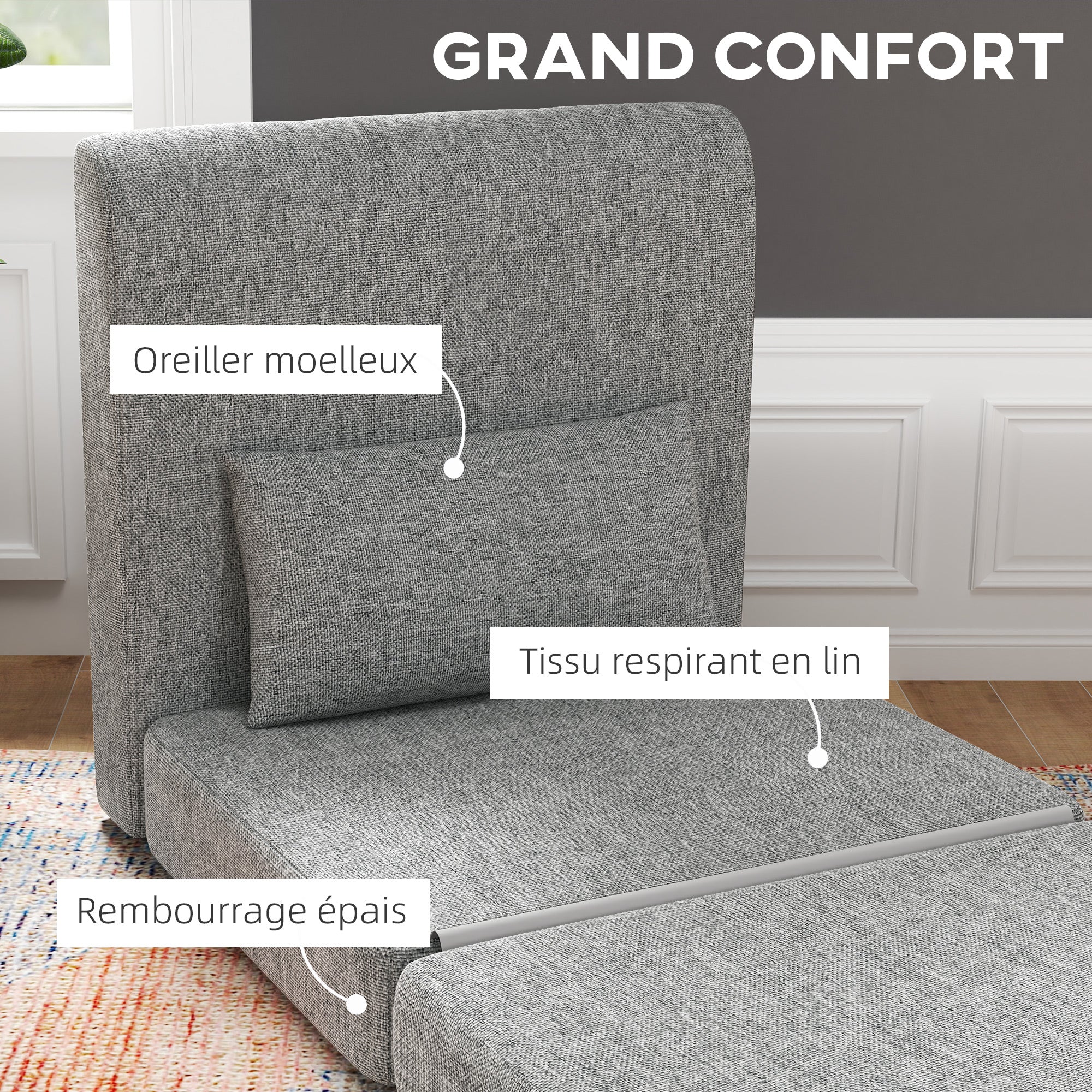 Fauteuil convertible 1 place fauteuil paresseux chauffeuse 1 place - coussin inclus, matelas tri-dépliant - pour invités, salon, charge 240 kg, tissu lin gris - Image 6