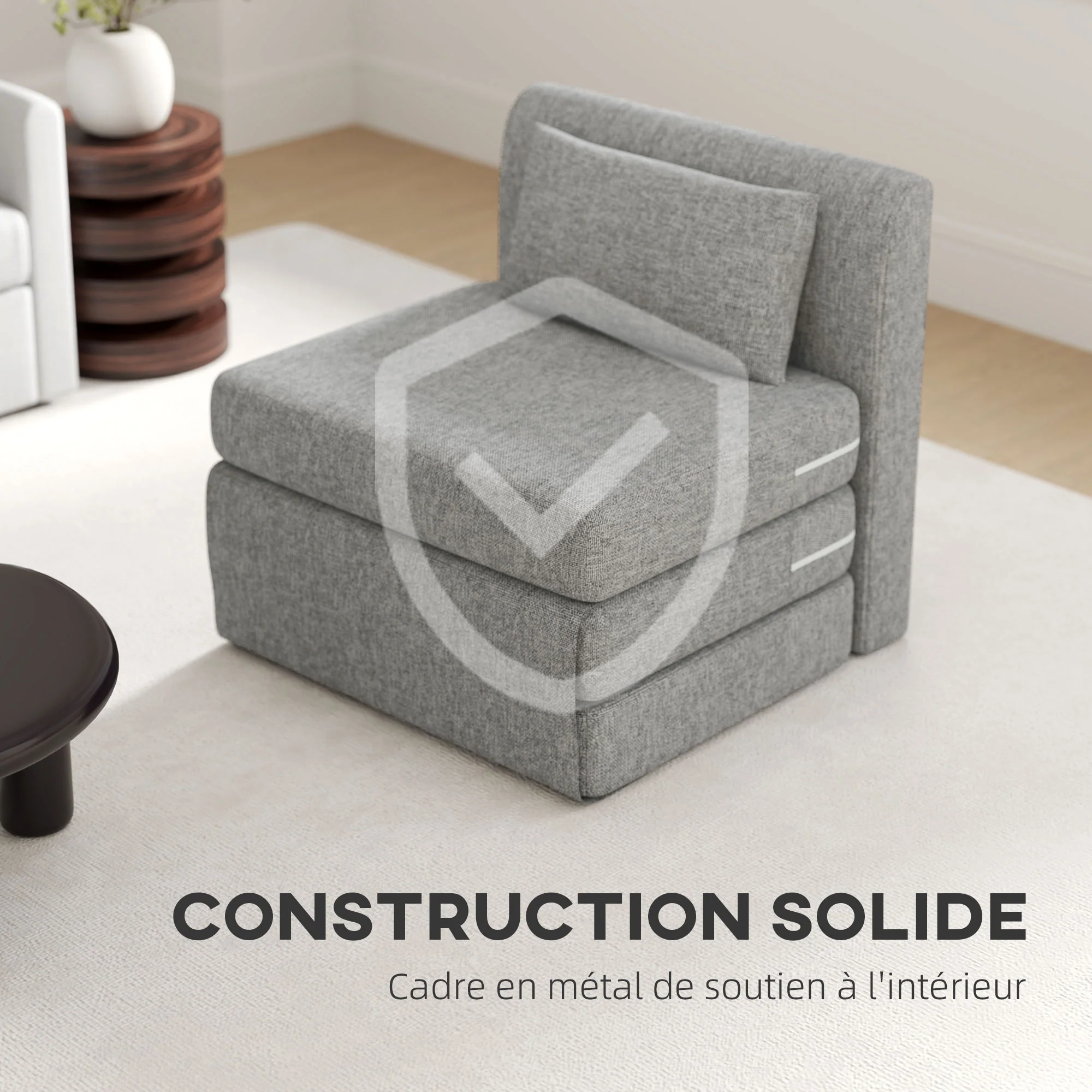 Fauteuil convertible 1 place fauteuil paresseux chauffeuse 1 place - coussin inclus, matelas tri-dépliant - pour invités, salon, charge 240 kg, tissu lin gris - Image 7