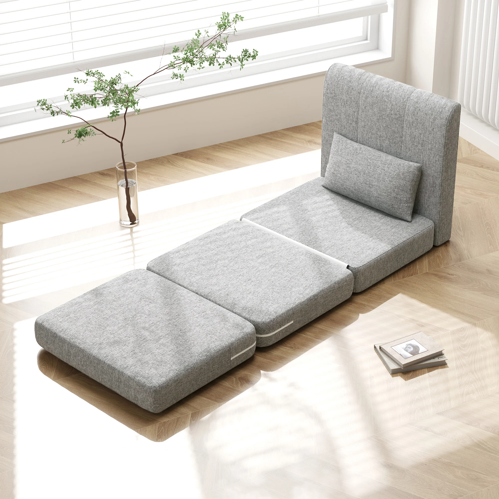 Fauteuil convertible 1 place fauteuil paresseux chauffeuse 1 place - coussin inclus, matelas tri-dépliant - pour invités, salon, charge 240 kg, tissu lin gris - Image 8