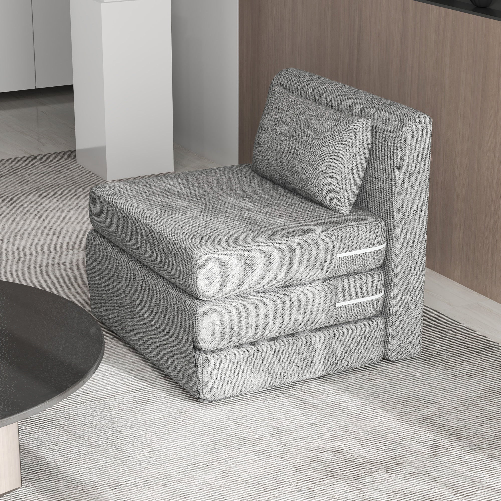 Fauteuil convertible 1 place fauteuil paresseux chauffeuse 1 place - coussin inclus, matelas tri-dépliant - pour invités, salon, charge 240 kg, tissu lin gris - Image 9