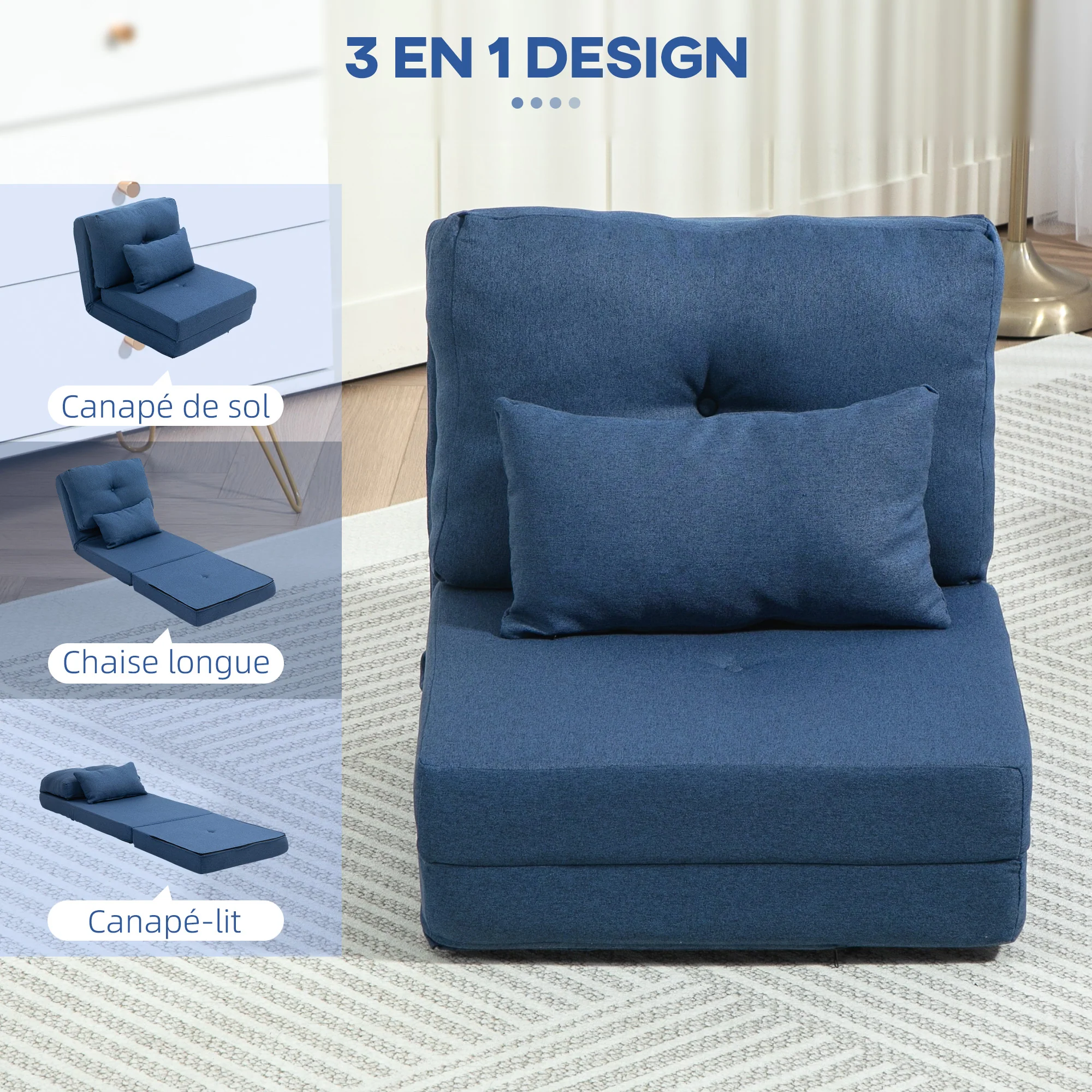 Fauteuil convertible 1 place fauteuil paresseux lit chauffeuse 1 place - coussin inclus, dossier réglable - salon, charge 120 kg, tissu lin bleu foncé - Image 6