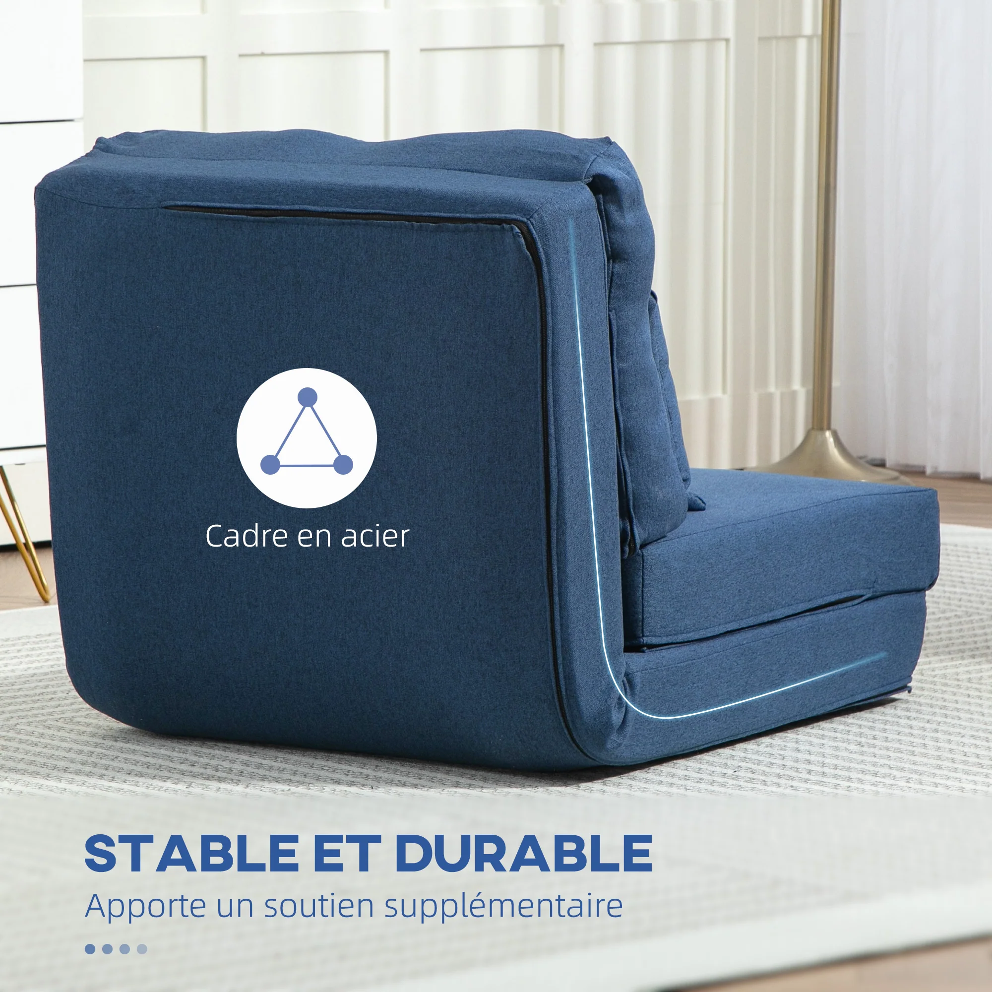 Fauteuil convertible 1 place fauteuil paresseux lit chauffeuse 1 place - coussin inclus, dossier réglable - salon, charge 120 kg, tissu lin bleu foncé - Image 8