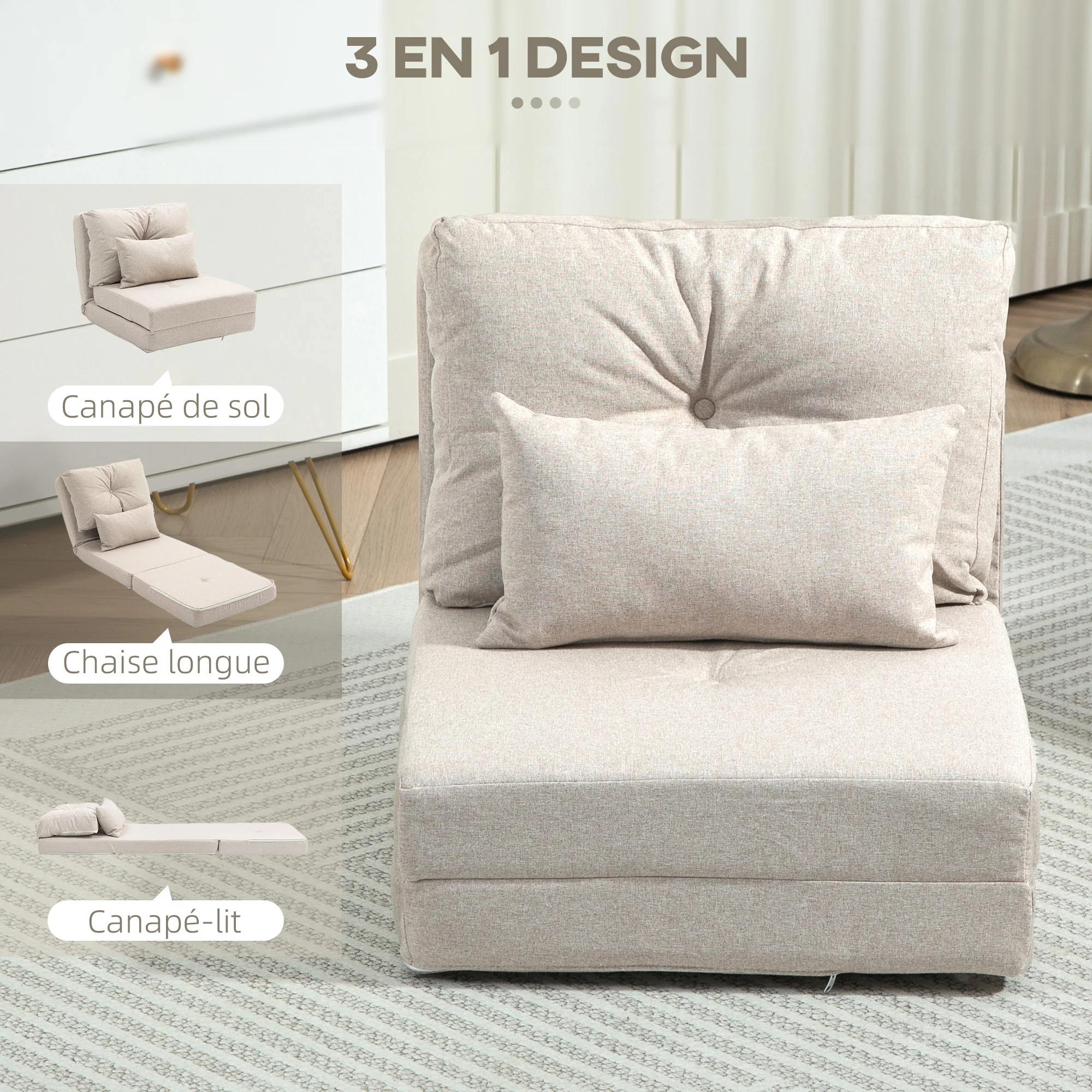Fauteuil convertible 1 place fauteuil paresseux lit chauffeuse 1 place - coussin inclus, dossier réglable - salon, charge 120 kg, tissu lin beige - Image 6
