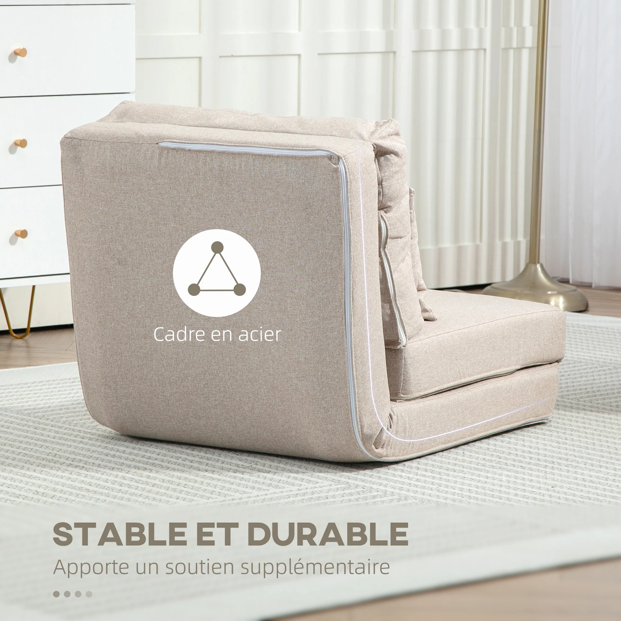 Fauteuil convertible 1 place fauteuil paresseux lit chauffeuse 1 place - coussin inclus, dossier réglable - salon, charge 120 kg, tissu lin beige - Image 8