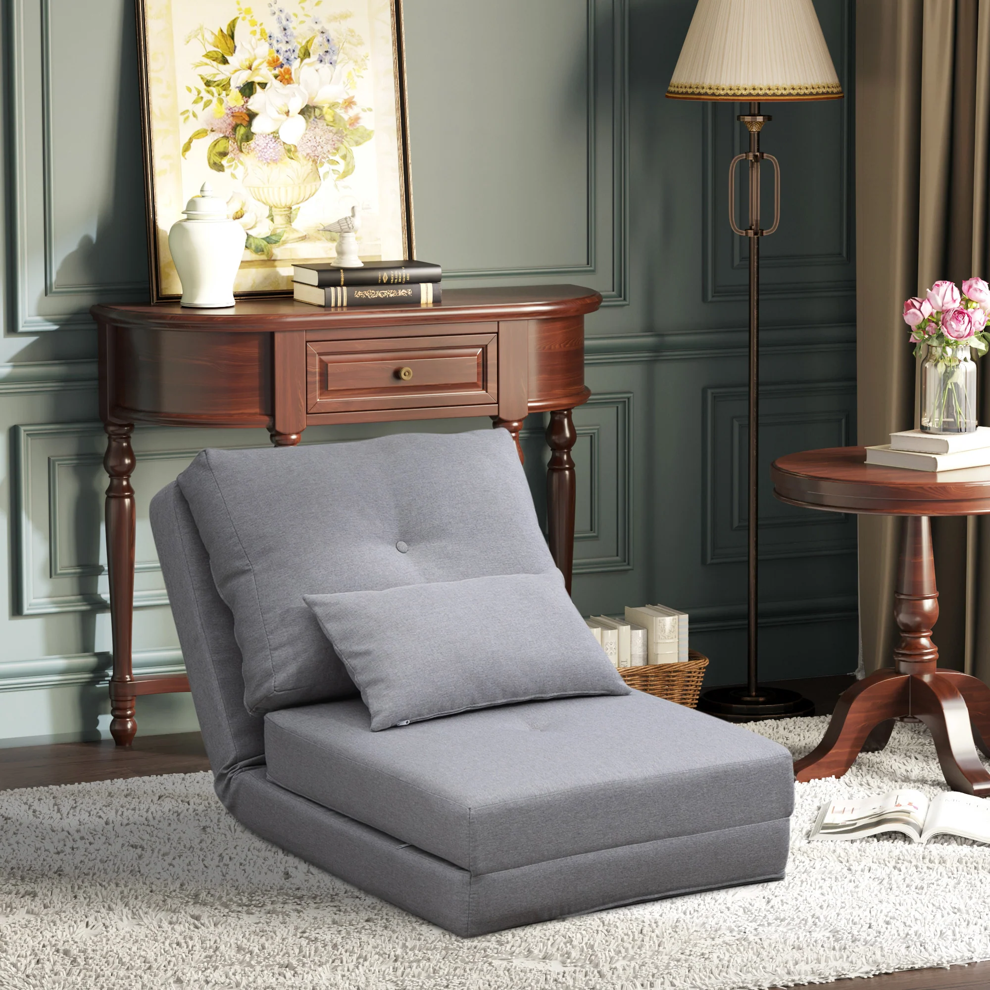 Fauteuil convertible 1 place fauteuil paresseux lit chauffeuse 1 place - coussin inclus, dossier réglable - salon, charge 120 kg, tissu lin gris clair - Image 3