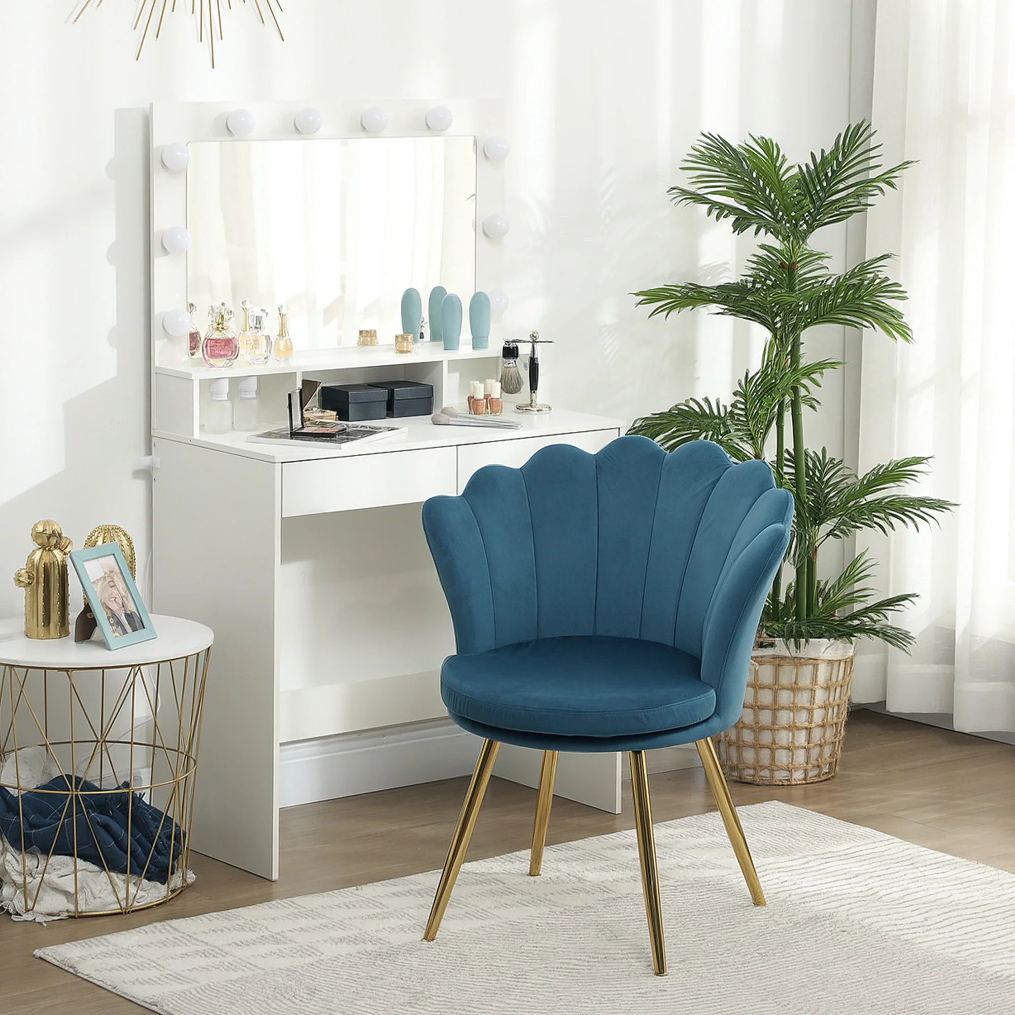 Fauteuil coquillage chaise coiffeuse fauteuil en velours avec pieds en métal doré pour salon chambre et salle à manger 67l x 64P x 77H cm bleu - Image 3
