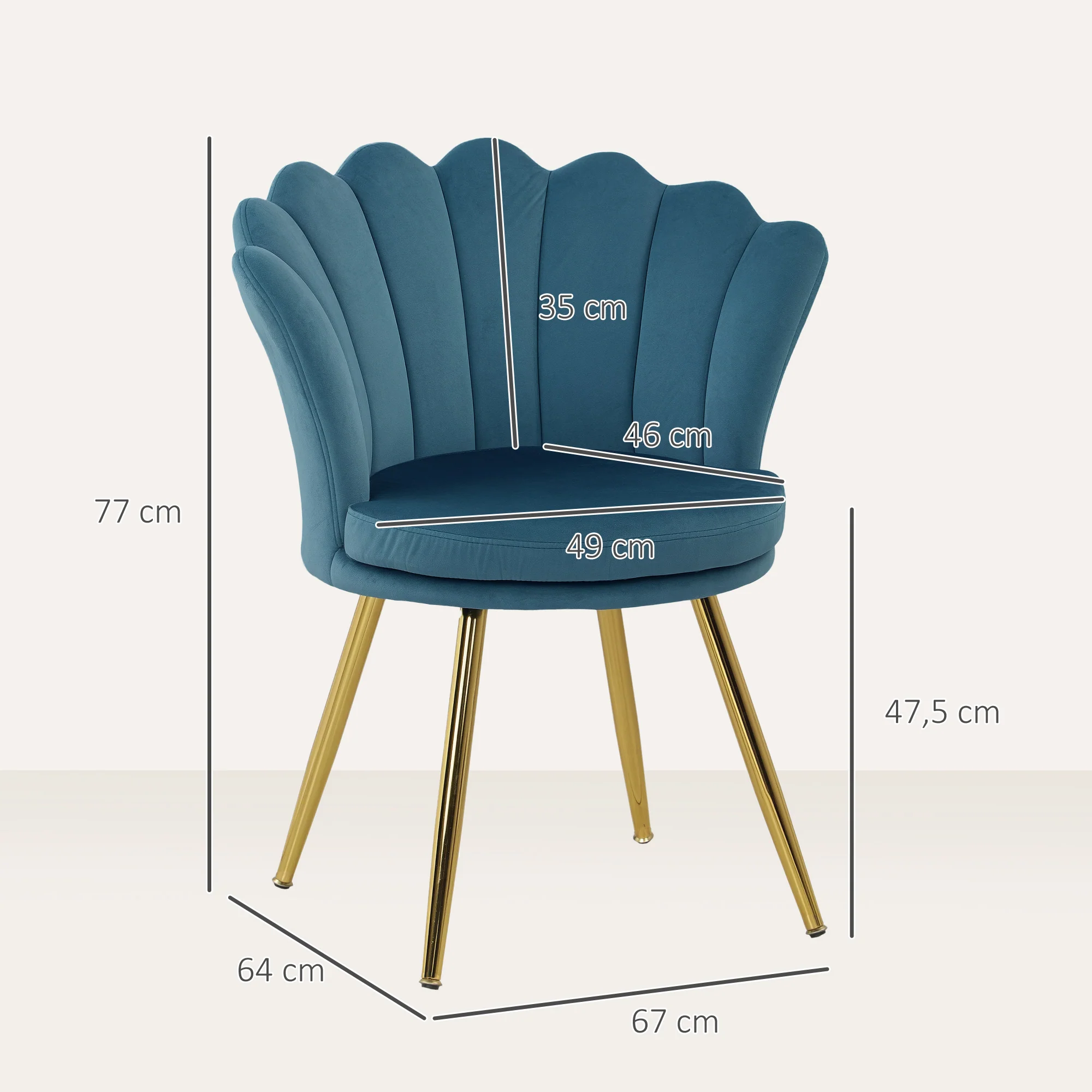 Fauteuil coquillage chaise coiffeuse fauteuil en velours avec pieds en métal doré pour salon chambre et salle à manger 67l x 64P x 77H cm bleu - Image 4