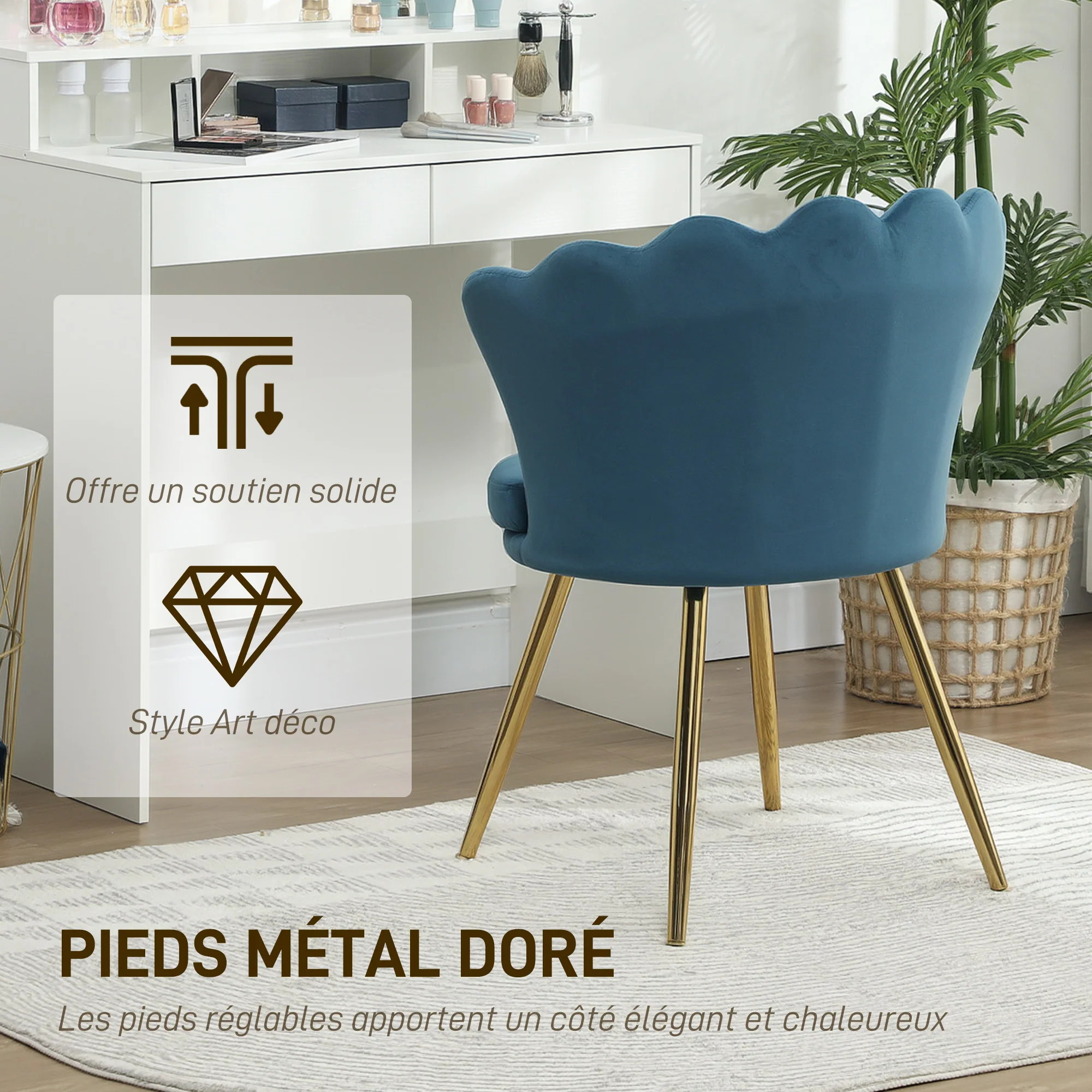 Fauteuil coquillage chaise coiffeuse fauteuil en velours avec pieds en métal doré pour salon chambre et salle à manger 67l x 64P x 77H cm bleu - Image 5