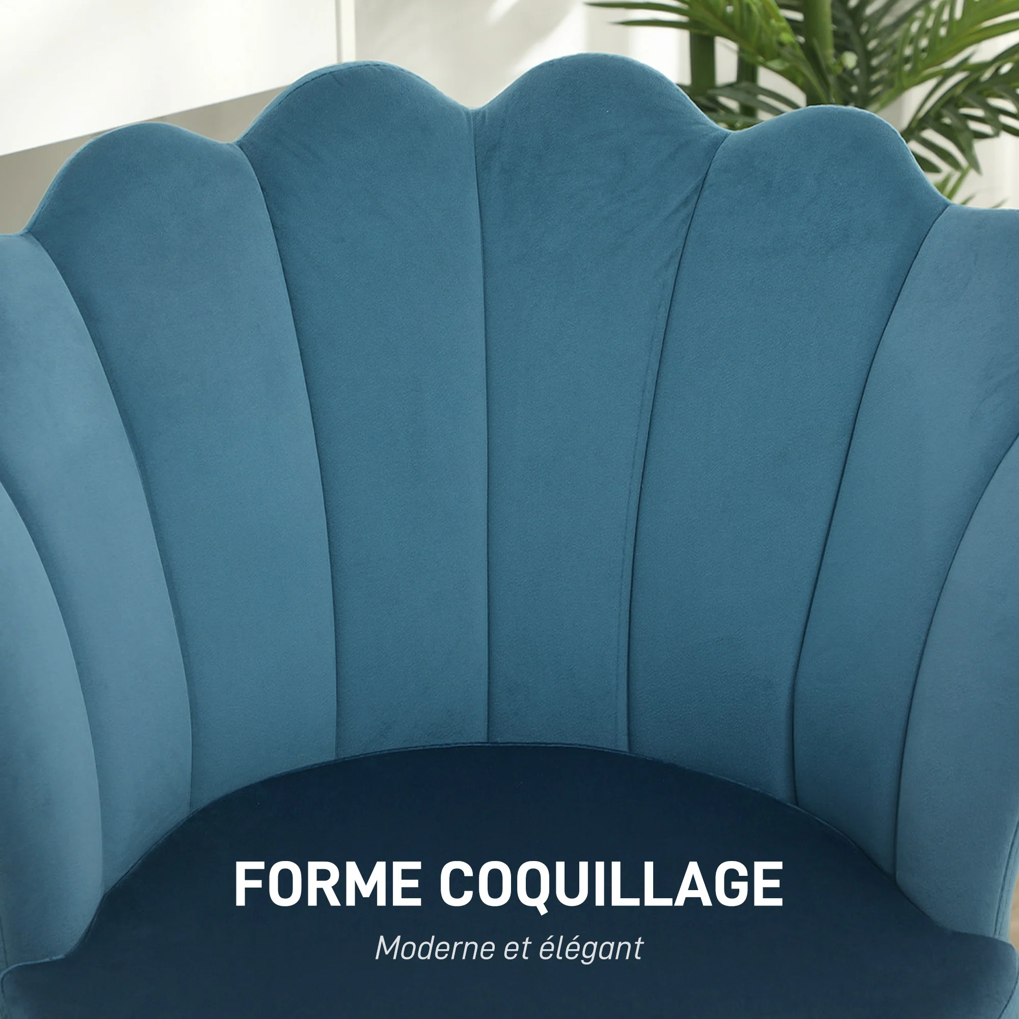 Fauteuil coquillage chaise coiffeuse fauteuil en velours avec pieds en métal doré pour salon chambre et salle à manger 67l x 64P x 77H cm bleu - Image 6