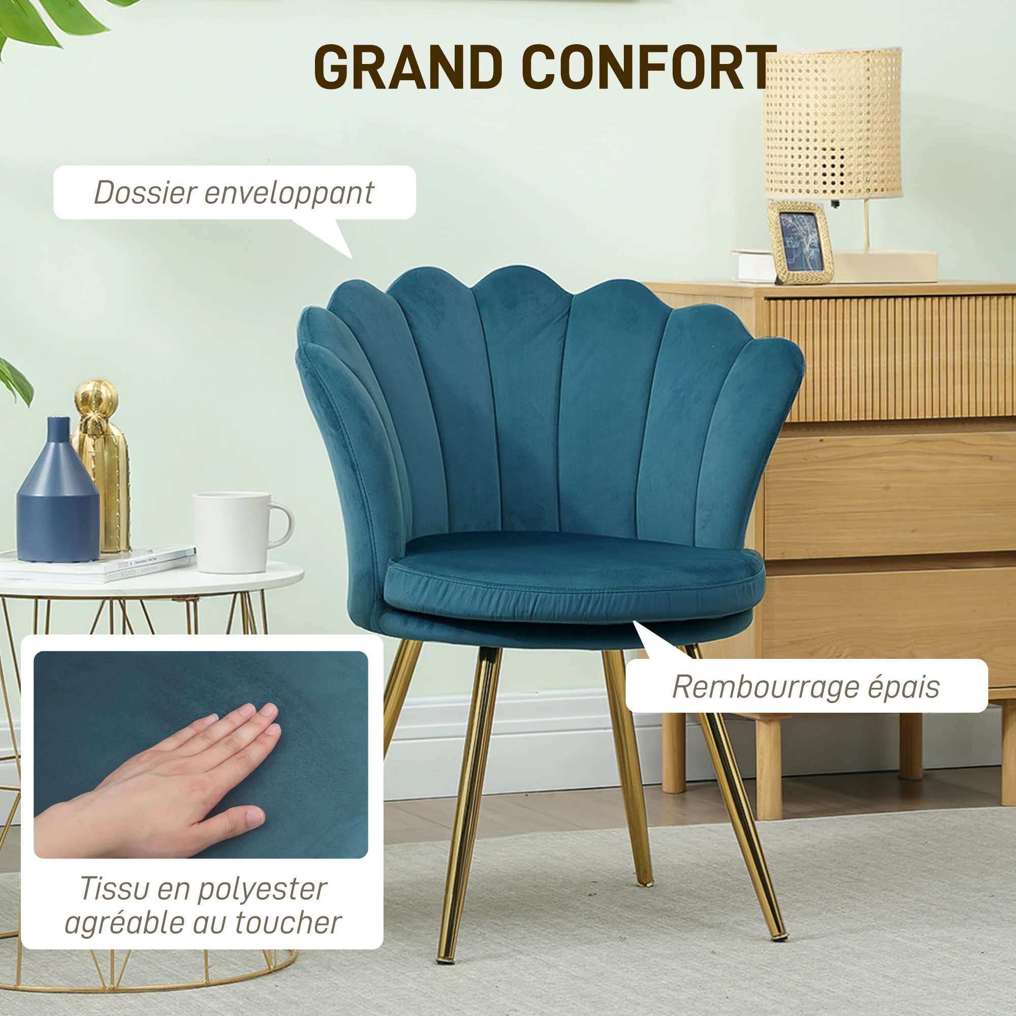 Fauteuil coquillage chaise coiffeuse fauteuil en velours avec pieds en métal doré pour salon chambre et salle à manger 67l x 64P x 77H cm bleu - Image 7