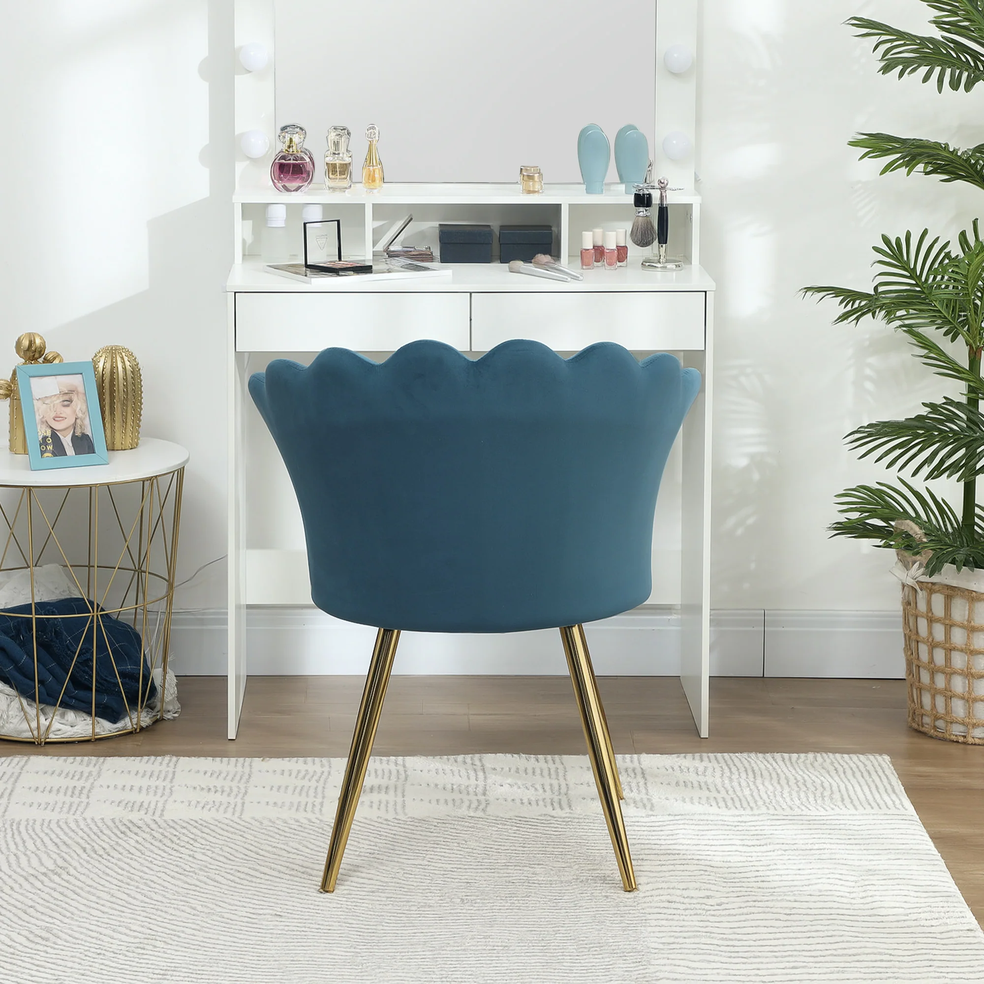 Fauteuil coquillage chaise coiffeuse fauteuil en velours avec pieds en métal doré pour salon chambre et salle à manger 67l x 64P x 77H cm bleu - Image 8