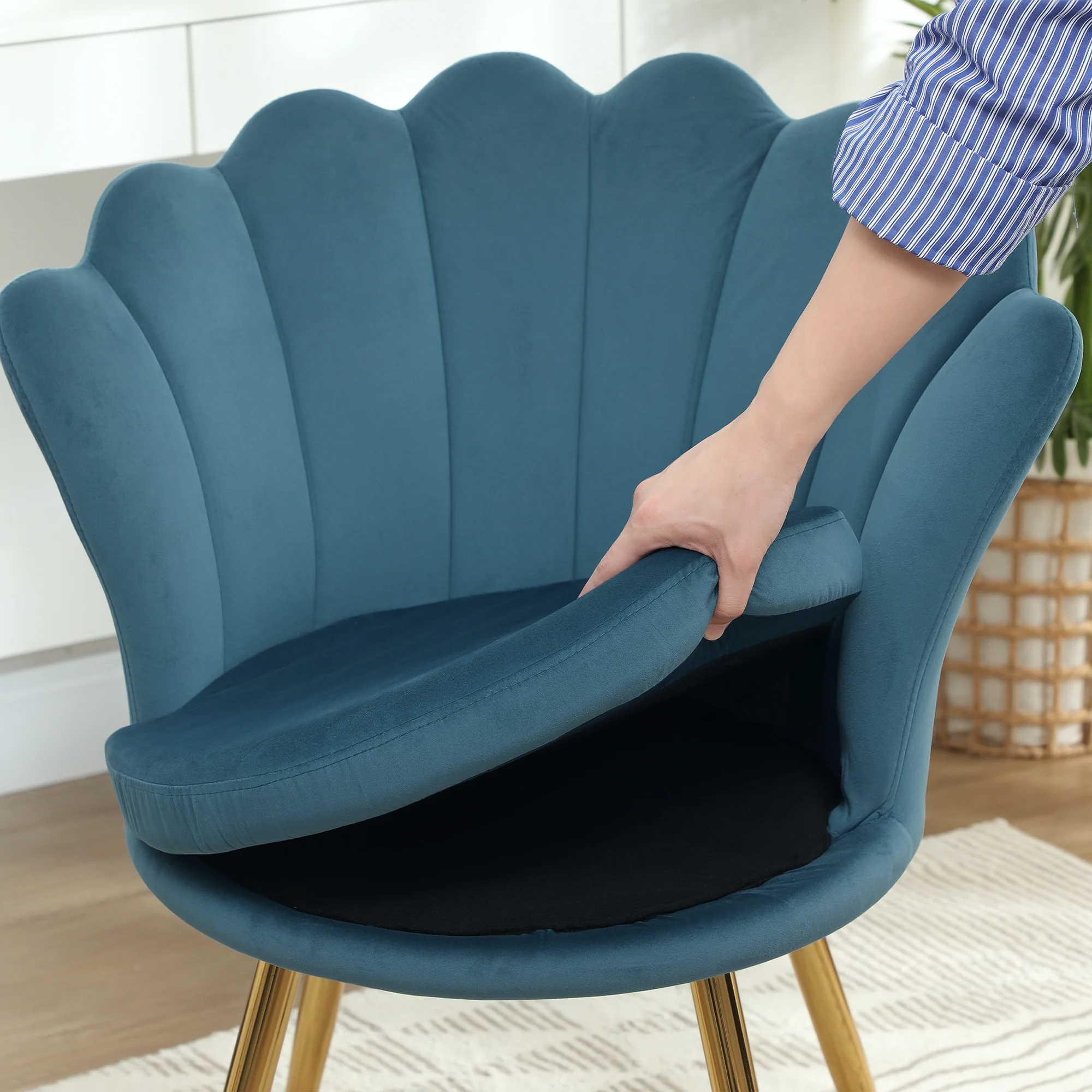 Fauteuil coquillage chaise coiffeuse fauteuil en velours avec pieds en métal doré pour salon chambre et salle à manger 67l x 64P x 77H cm bleu - Image 9