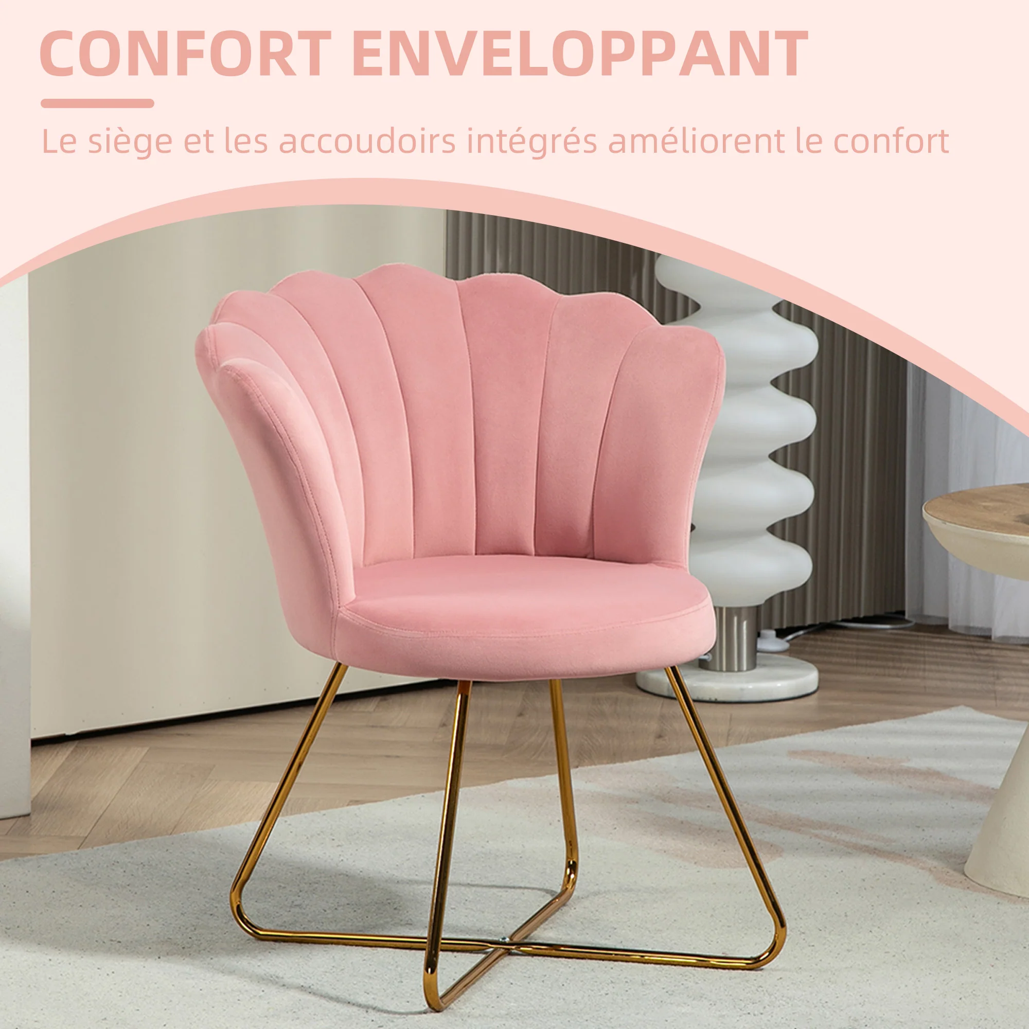Fauteuil coquillage chaise coiffeuse fauteuil en velours fauteuil de salon avec pieds en acier pour salon et chambre 69 x 64 x 80 cm rose - Image 5