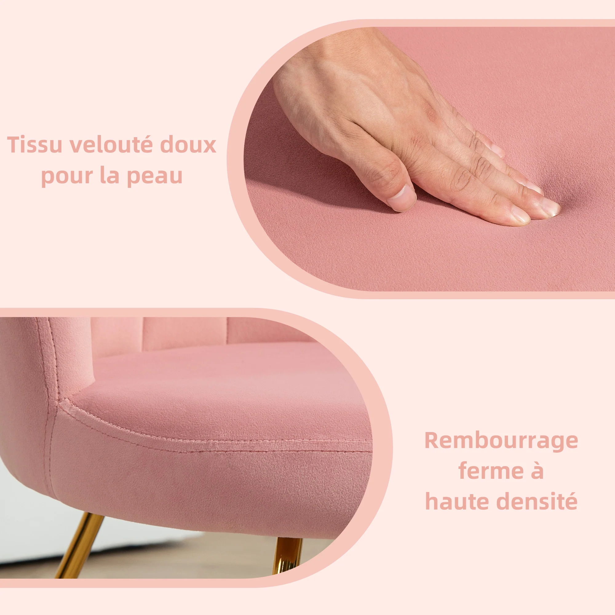 Fauteuil coquillage chaise coiffeuse fauteuil en velours fauteuil de salon avec pieds en acier pour salon et chambre 69 x 64 x 80 cm rose - Image 6
