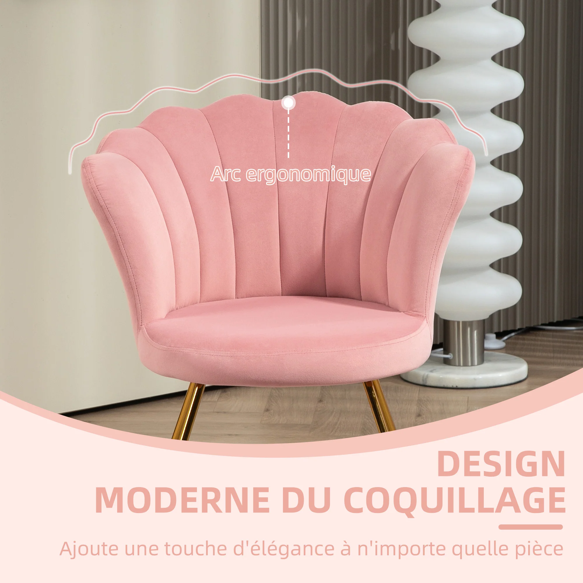 Fauteuil coquillage chaise coiffeuse fauteuil en velours fauteuil de salon avec pieds en acier pour salon et chambre 69 x 64 x 80 cm rose - Image 7