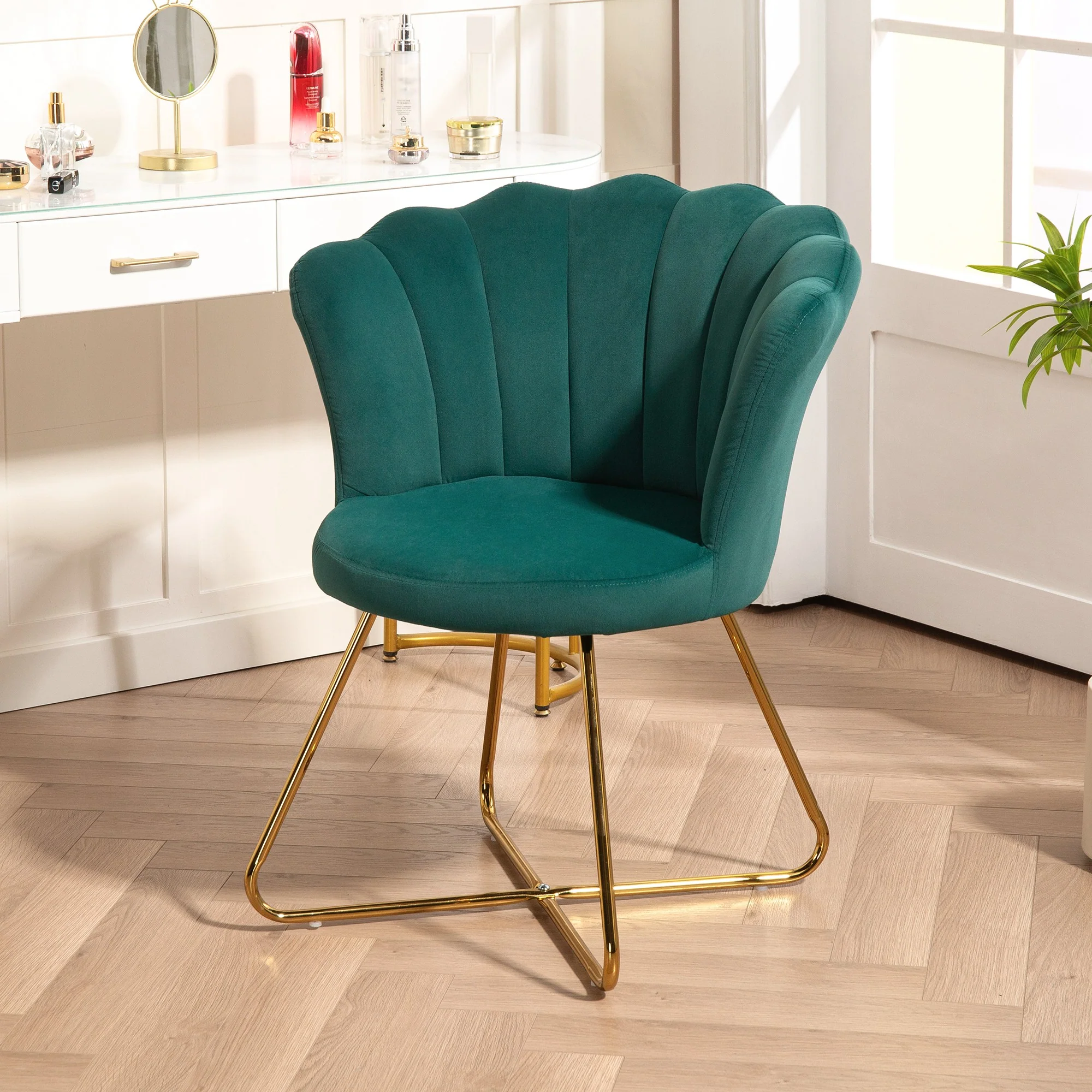 Fauteuil coquillage chaise coiffeuse fauteuil en velours fauteuil de salon avec pieds en acier pour salon et chambre 69 x 64 x 80 cm vert foncé - Image 10