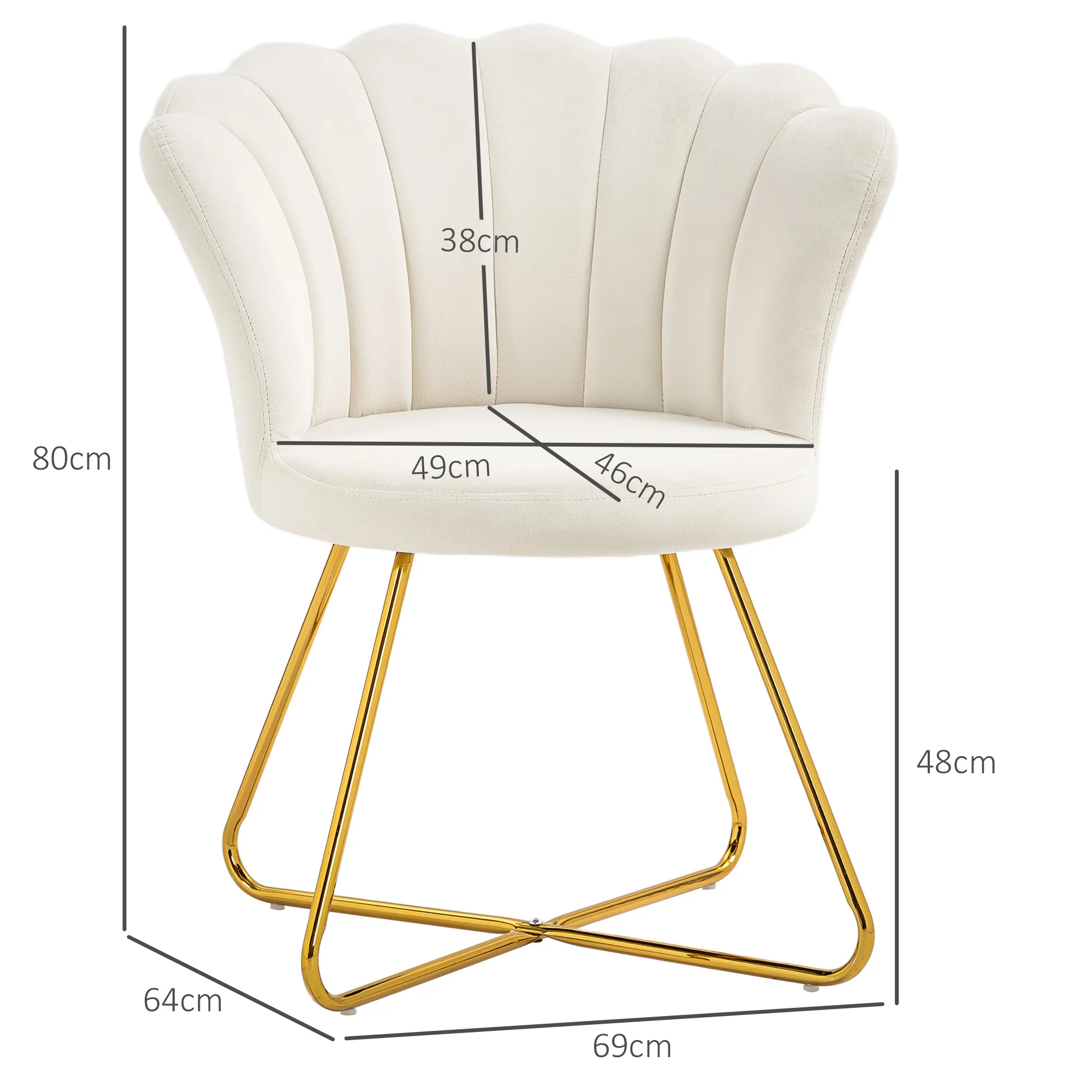 Fauteuil coquillage chaise coiffeuse fauteuil en velours fauteuil de salon avec pieds en acier pour salon et chambre 69 x 64 x 80 cm crème - Image 4