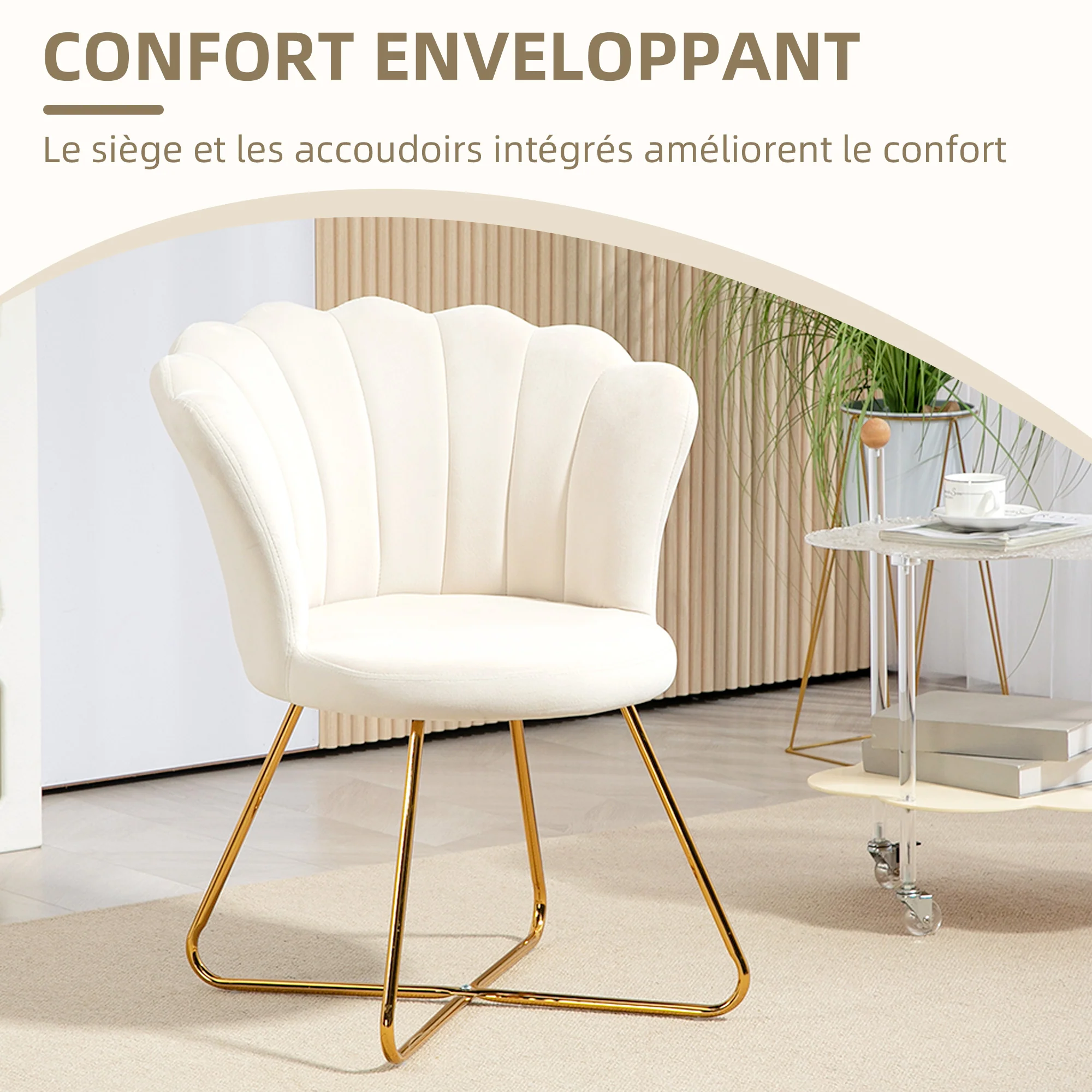 Fauteuil coquillage chaise coiffeuse fauteuil en velours fauteuil de salon avec pieds en acier pour salon et chambre 69 x 64 x 80 cm crème - Image 5