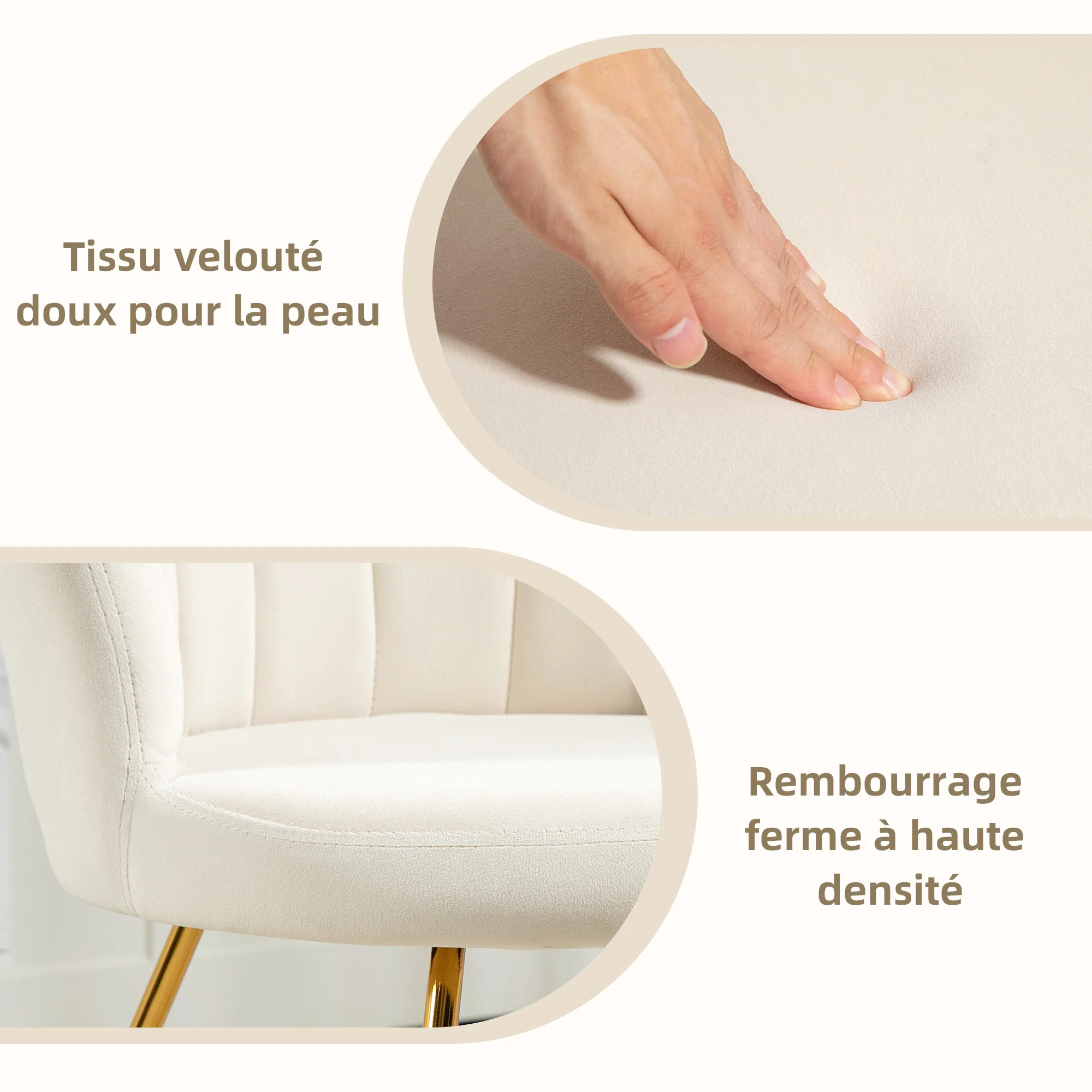Fauteuil coquillage chaise coiffeuse fauteuil en velours fauteuil de salon avec pieds en acier pour salon et chambre 69 x 64 x 80 cm crème - Image 6