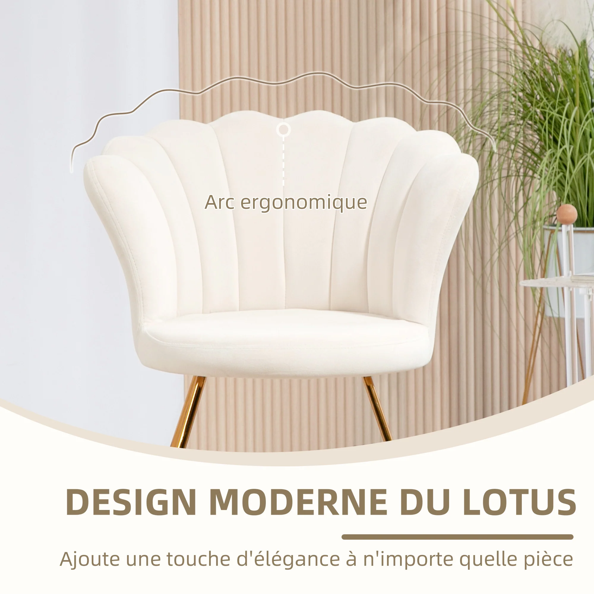 Fauteuil coquillage chaise coiffeuse fauteuil en velours fauteuil de salon avec pieds en acier pour salon et chambre 69 x 64 x 80 cm crème - Image 7
