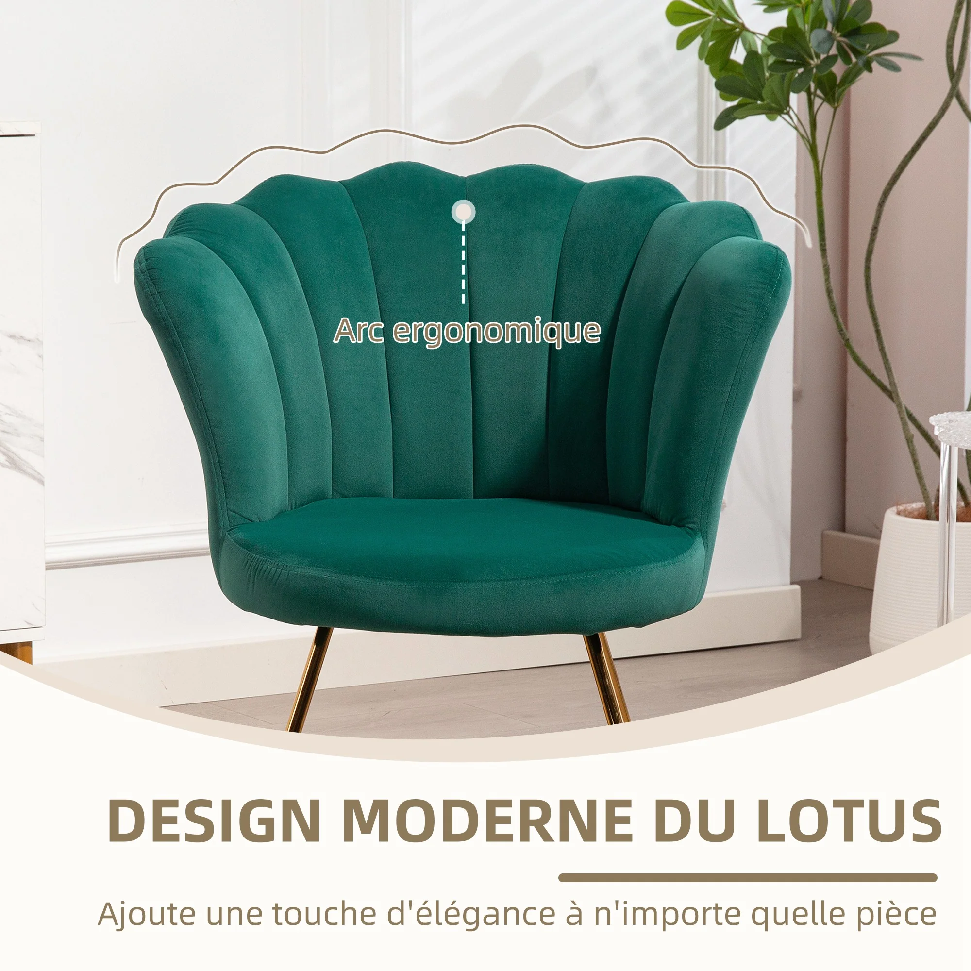 Fauteuil coquillage chaise coiffeuse fauteuil en velours fauteuil de salon avec pieds en acier pour salon et chambre 69 x 64 x 80 cm vert foncé - Image 7
