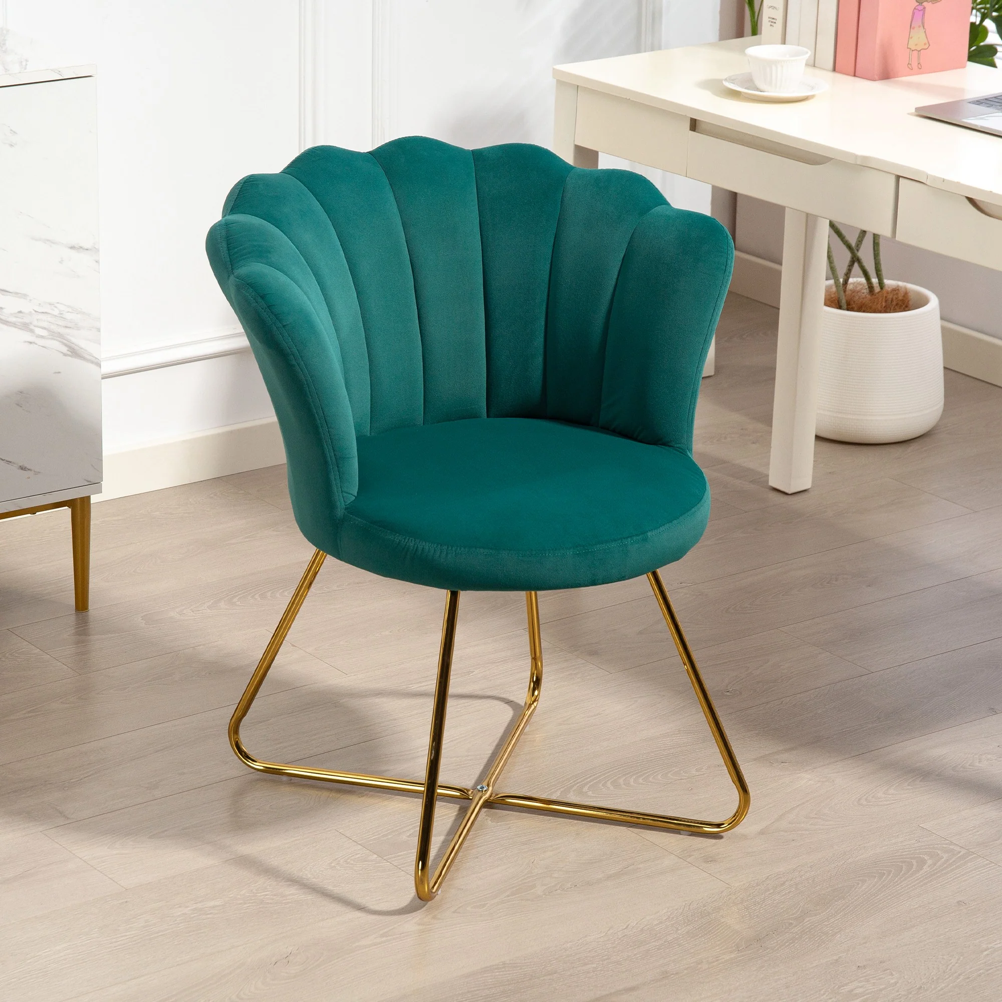Fauteuil coquillage chaise coiffeuse fauteuil en velours fauteuil de salon avec pieds en acier pour salon et chambre 69 x 64 x 80 cm vert foncé - Image 9