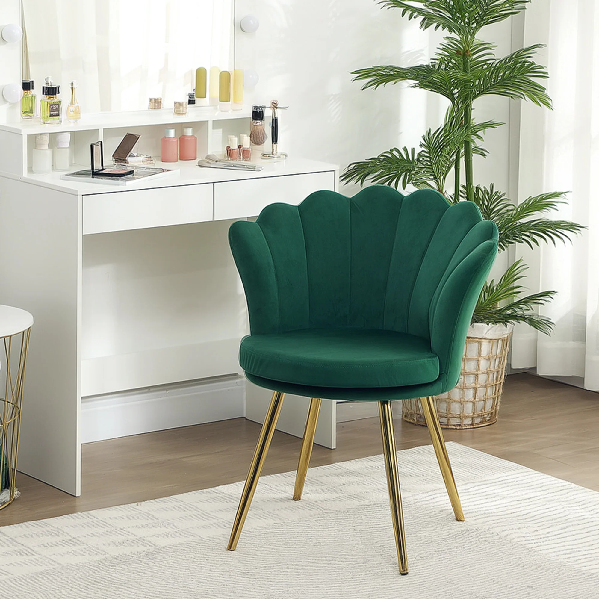 Fauteuil coquillage chaise coiffeuse fauteuil en velours fauteuil de salon avec pieds en métal doré pour salon chambre et salle à manger 67l x 64P x 77H cm vert - Image 10