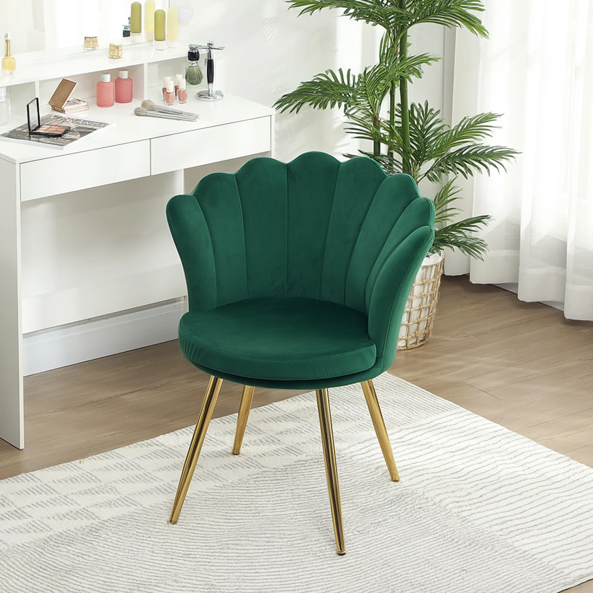 Fauteuil coquillage chaise coiffeuse fauteuil en velours fauteuil de salon avec pieds en métal doré pour salon chambre et salle à manger 67l x 64P x 77H cm vert - Image 3