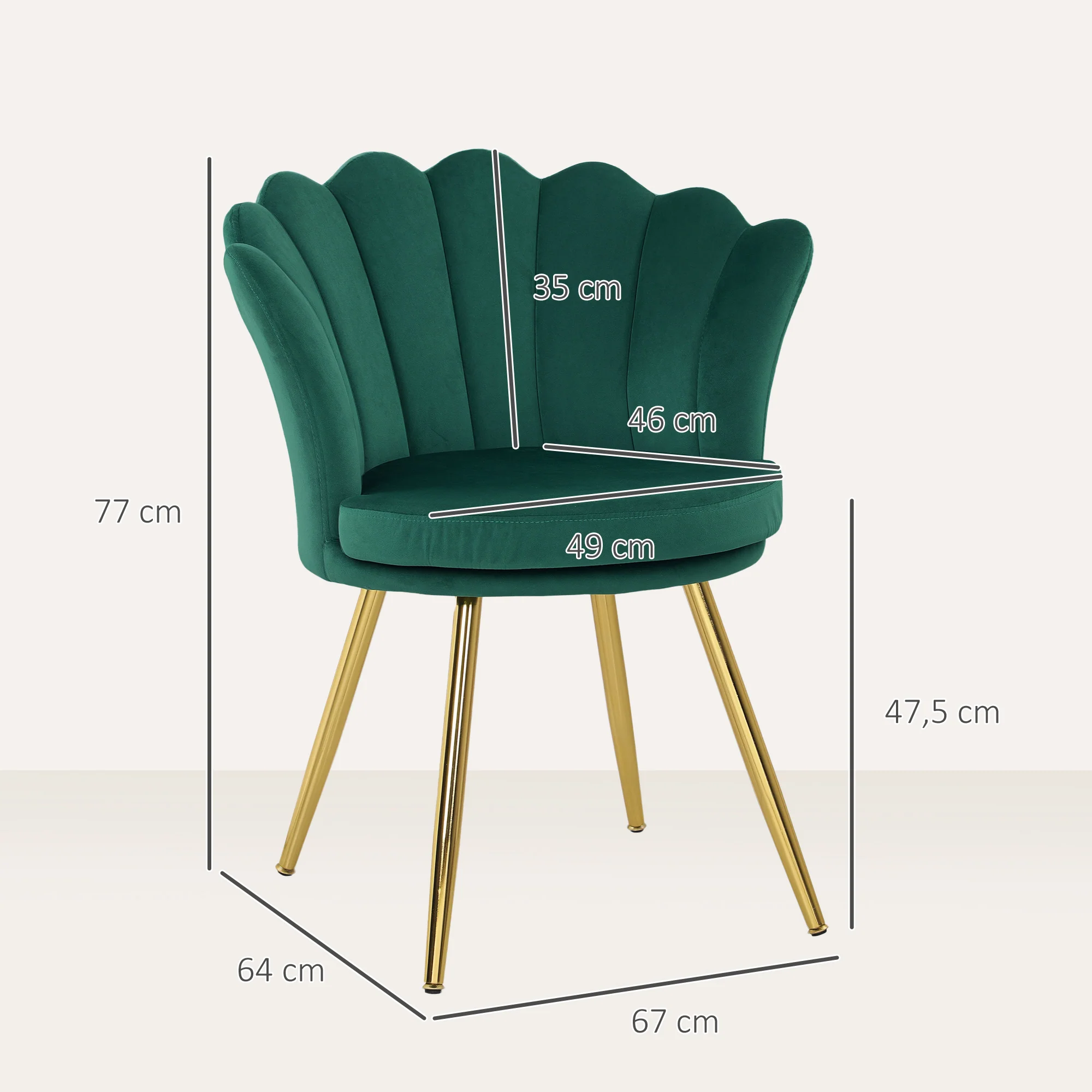 Fauteuil coquillage chaise coiffeuse fauteuil en velours fauteuil de salon avec pieds en métal doré pour salon chambre et salle à manger 67l x 64P x 77H cm vert - Image 4
