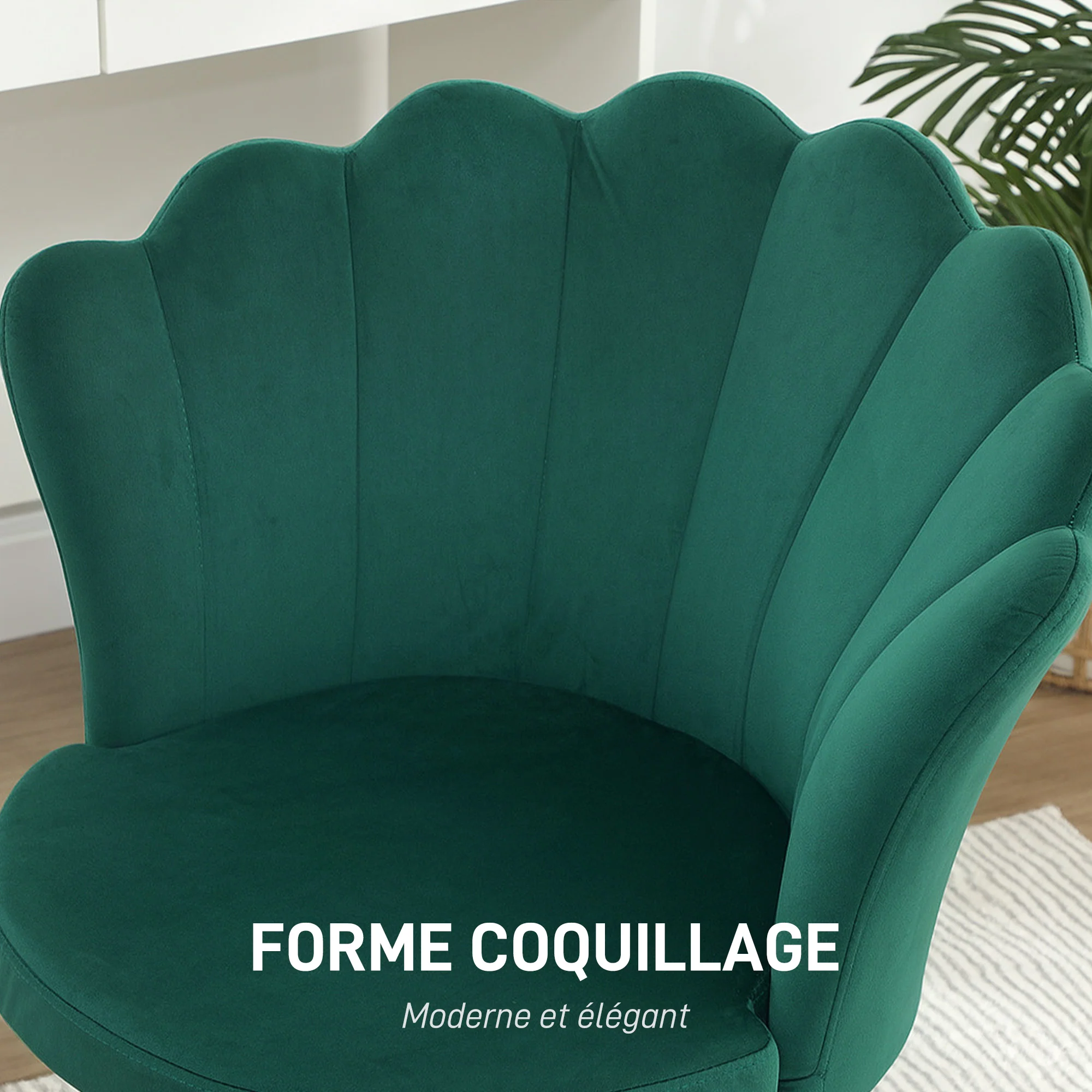 Fauteuil coquillage chaise coiffeuse fauteuil en velours fauteuil de salon avec pieds en métal doré pour salon chambre et salle à manger 67l x 64P x 77H cm vert - Image 6