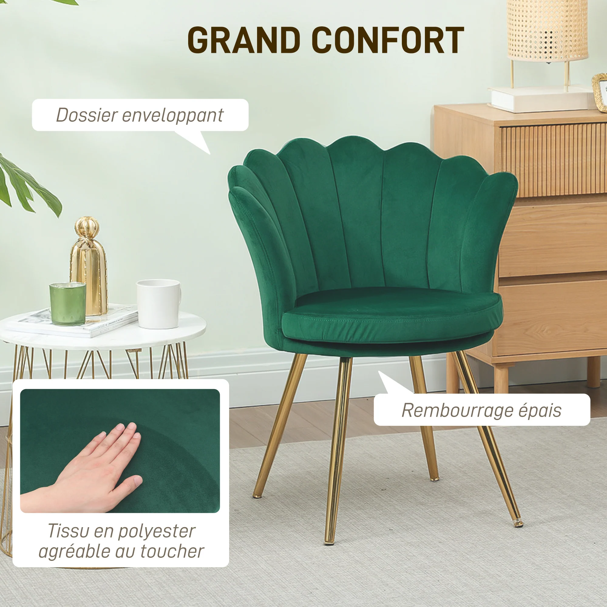 Fauteuil coquillage chaise coiffeuse fauteuil en velours fauteuil de salon avec pieds en métal doré pour salon chambre et salle à manger 67l x 64P x 77H cm vert - Image 7
